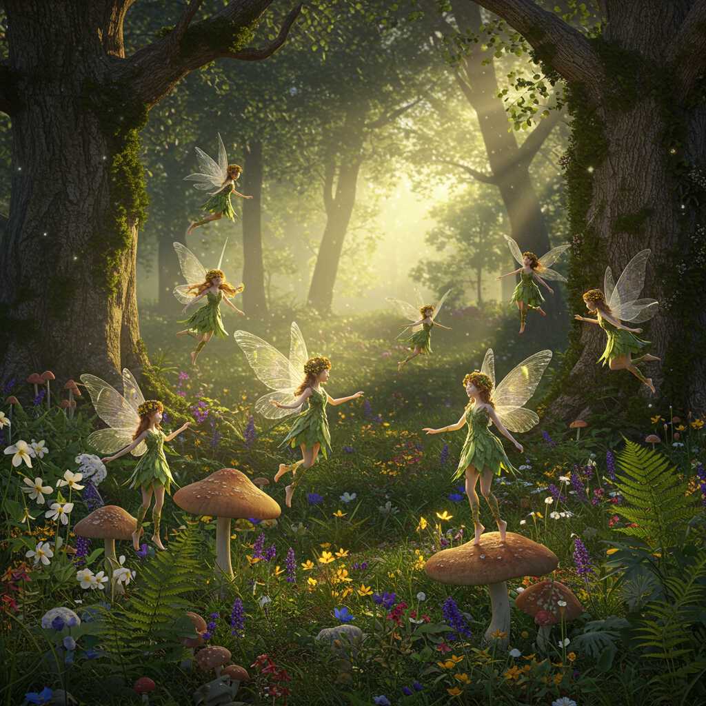 **Subject:** Delicate, ethereal fairies with translucent, iridescent wings like prisms, adorned in garments woven from leaves, petals, and thin vines. They flit and dance amidst a lush woodland glen, their movements graceful and fluid.

**Setting:** A sun-dappled clearing in an ancient, magical forest where golden hour light filters through a canopy of towering, moss-covered trees. The ground is carpeted with a mosaic of vibrant wildflowers, ferns, and toadstools, creating a rich tapestry of textures and colors.

**Visual Details:**
- **Textures:** The fairies' wings are gossamer, shimmering with every movement. Their attire blends seamlessly with the forest, featuring the intricate patterns of leaves and the soft, velvety texture of petals.
- **Colors:** Dominated by soft, natural hues of greens, browns, and muted blues, punctuated by the vibrant splashes of wildflower colors. The fairies' skin has a luminescent quality, glowing subtly in shades of ivory, pale pink, and shimmering gold.
- **Lighting:** Golden hour light creates a play of light and shadow, enhancing the dreamlike quality of the scene with a soft, diffused glow.

**Style:**
- **Artistic Influence:** Inspired by Pre-Raphaelite art, capturing detailed nature scenes and ethereal beauty, combined with elements of Victorian fairy painting for a touch of whimsy and enchantment.
- **Photography Technique:** Utilize a soft focus with a shallow depth of field, focusing sharply on the fairies while allowing the forest background to blur into a painterly backdrop.

**Composition:**
- **Layout:** Fairies are scattered throughout the glen, some in mid-flight, others perched on toadstools or branches. The composition guides the viewer's eye through the scene using natural lines from tree trunks and floral patterns.
- **Camera Angle:** Low angle, looking slightly upwards to capture the grandeur of the trees and the magical atmosphere, emphasizing the fairies' ethereal nature.

**Mood and Atmosphere:**
- **Feeling:** Enchanted, serene, and whimsical, evoking a sense of timelessness and tranquility.
- **Time of Day:** Late afternoon, transitioning into evening, with the forest bathed in the warm, magical light of the setting sun.
- **Weather:** Clear skies with a gentle breeze, stirring the leaves and flower petals, adding life to the otherwise still scene.

**Technical Aspects:**
- **Depth of Field:** Narrow depth of field to focus on the fairies, enhancing their magical presence against a softly blurred forest backdrop.