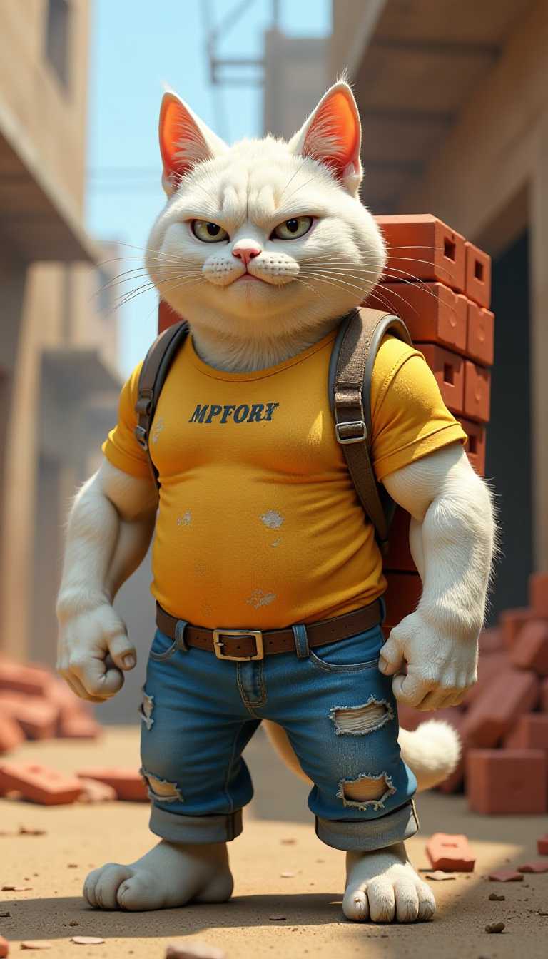 IcreaTE 3D RENDERED Pixar style an anthropomorphic cat with muscular features. The cat has white fur and a stern expression, with narrowed eyes and a prominent jawline. It is wearing a tight-fitting yellow t-shirt that appears slightly dirty and worn, along with blue jeans that are ripped at the knees. The cat is carrying a large stack of red bricks on its back, secured with a harness. The background shows a construction site with partially built structures and scaffolding, adding to the rugged and industrious theme of the image.
