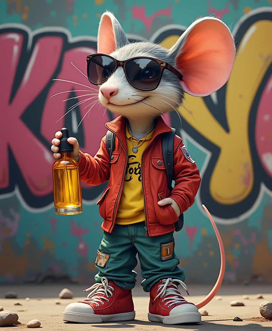  Pixar style, a humanized mouse wearing fashionable clothes, pants and shoes, graffiti artist background, punk style, holding bottle of scented oil in hand, sunglasses, rich colors