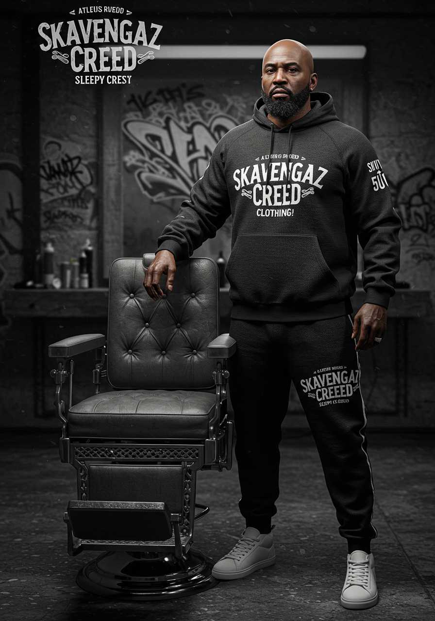 A realistic, full-body depiction of a 48-year- Afro American  man weighing 225 lbs, with a bald head and a full face beard, standing next to a barber chair as if it were his throne. The man is dressed in a  urban outfit from Sleepy Creek Clothing, featuring a sleek, stylish jogger suit with intricate detailing. The background is rich with urban graffiti art, showcasing bold and vibrant lettering of ‘Skavengaz Creed,’ ‘Sleepy Creek,’ and the insignia ‘SKVG’ integrated into the design. The entire image is rendered in black and white, emphasizing a commanding, dramatic tone. The composition is set in a landscape orientation, creating a wide and impactful visual.”