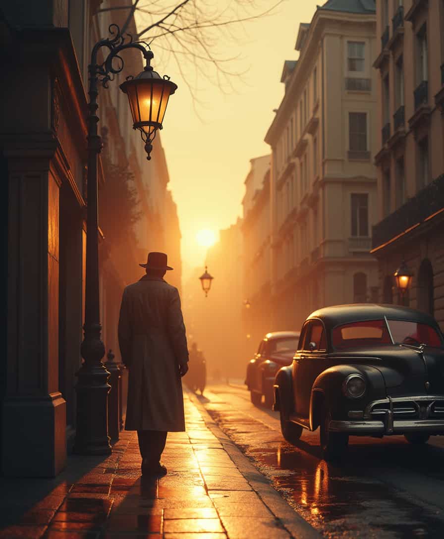 A cinematic noir-style urban street scene at sunrise, featuring intricate vintage lamp posts, wet pavement reflecting golden morning light, a lone mysterious silhouette in a trench coat and fedora in the midground, and a retro black car with a vivid red roof parked in the background. The architecture is detailed with classic European-style buildings, soft fog adds depth, high contrast between shadow and light, muted sepia tones with bold red accents, photorealistic textures, hd quality, inspired by 1930s noir films, dynamic lighting effects, fine detail -