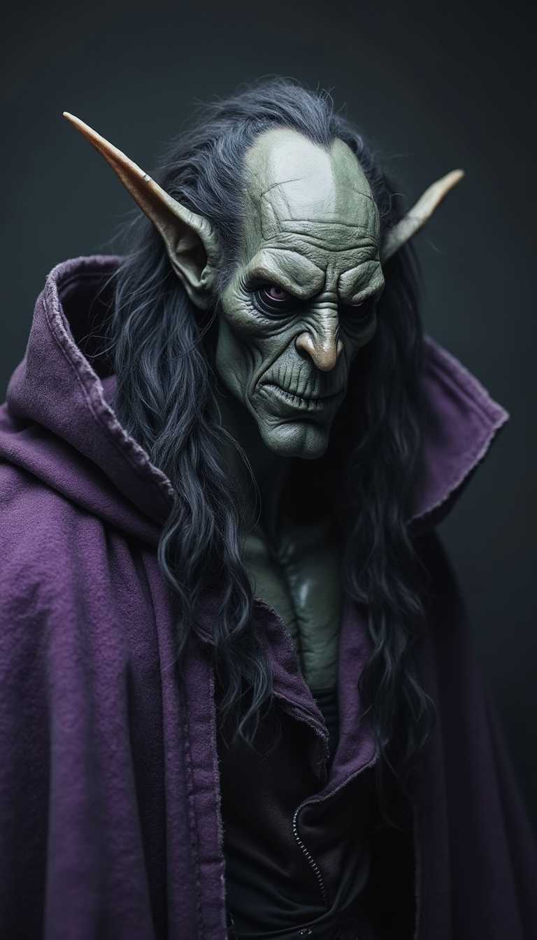 Black background. A bald long haired creature with dark gray skin and pointed ears and dark eyes. He wears a purple cloak. He is sinister.