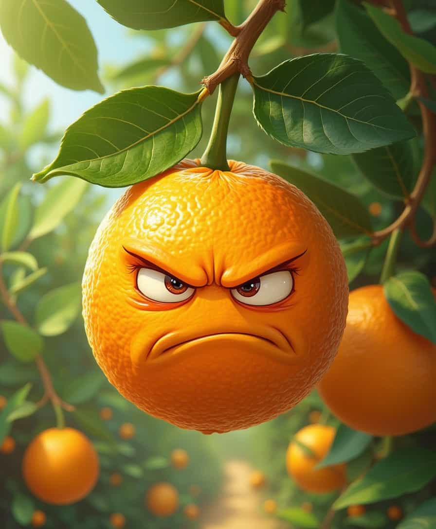 “A cartoonish orange with an angry expression, hanging from its thin stem. The orange is round, with a vibrant orange color and a dimpled, textured surface. Its face has sharp, intense eyes, furrowed brows, and a scowl that radiates frustration. The orange is suspended from a sturdy branch with glossy green leaves surrounding it. The background features a sunny citrus grove with more oranges hanging nearby. The orange looks clearly irritated, as if it’s fed up with its time on the tree.”