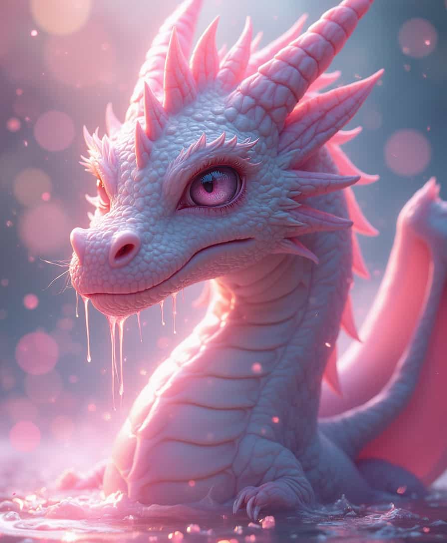 masterpiece, best quality, (Anime:1.4), pastel anime dragon girl, slime, wet look, shimmering lights, dragon in background, whirls of vapor, iridescent textures, dragon scales, dragon horns, dragon wings, translucent scales, soft neon pink light, ethereal ambiance, delicate details, magical atmosphere