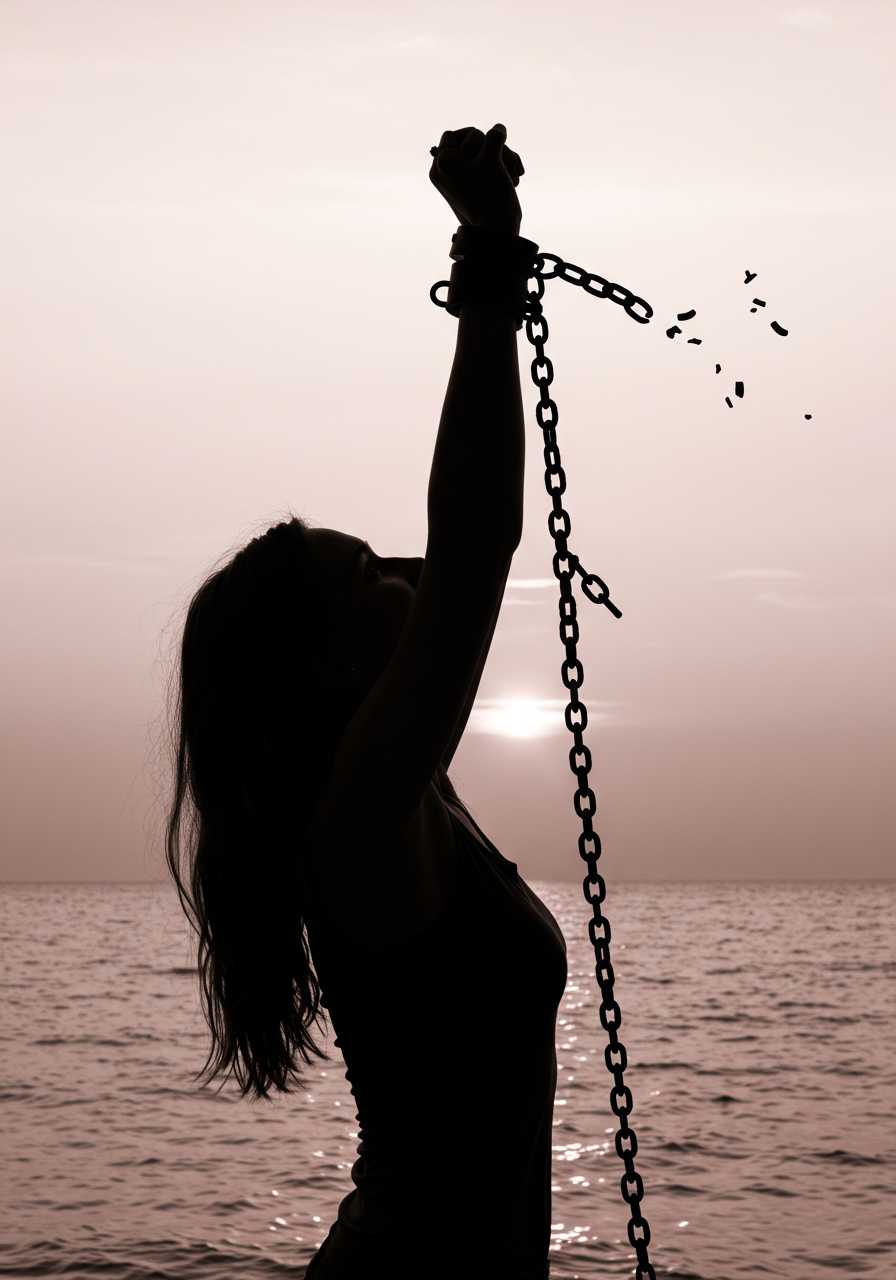 Side view of a dark silhouette of a woman, looking towards the horizon, breaking free from chains from her hands, arms up signifying her liberation. His eyes are open staring to the horizon, happy to sparkle with a glint of freedom and determination, chains links breaks blending nature and freedom in an abstract, minimalist design on a pink sepia and  white background.


