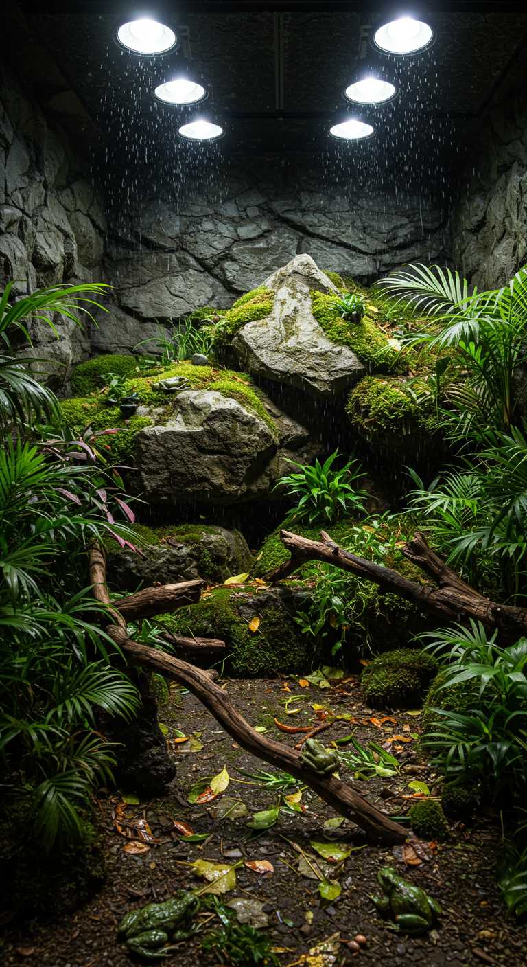 A realistic photo image, an artificial vivarium, large rocks forming a cliff, tropical plants and moss, it is drizzling and wet, the ground is covered with dew, fallen leaves, old tree branches and frogs, and bright lights from above softly illuminate the scene.


