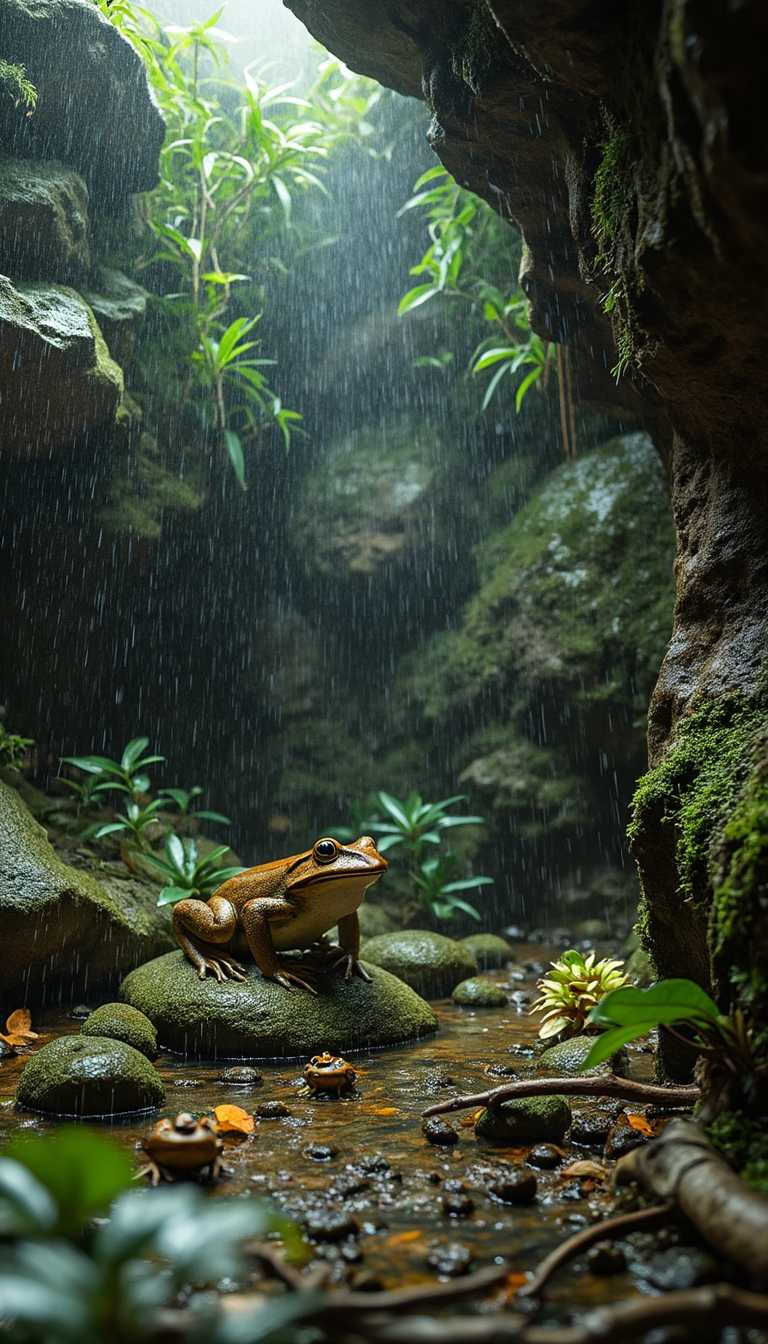 A realistic photo image, an artificial vivarium, large rocks forming a cliff, tropical plants and moss, it is drizzling and wet, the ground is covered with dew, fallen leaves, old tree branches and frogs, and bright lights from above softly illuminate the scene.


