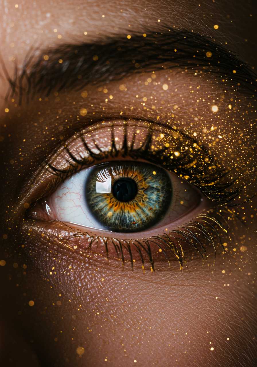 Create an ultrarealistic, photorealistic detailed magical and beautiful stunning golden make up eye of a woman with a big pupil. There is also golden dust which floating around the eye and it looks amazed what it sees. The picture looks mystical and magical in general. Add some bright light sparkles in the eye. 



