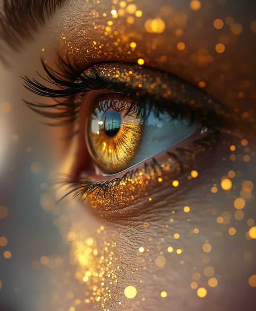 Create an ultrarealistic, photorealistic detailed magical and beautiful stunning golden make up eye of a woman with a big pupil. There is also golden dust which floating around the eye and it looks amazed what it sees. The picture looks mystical and magical in general. Add some bright light sparkles in the eye. 


