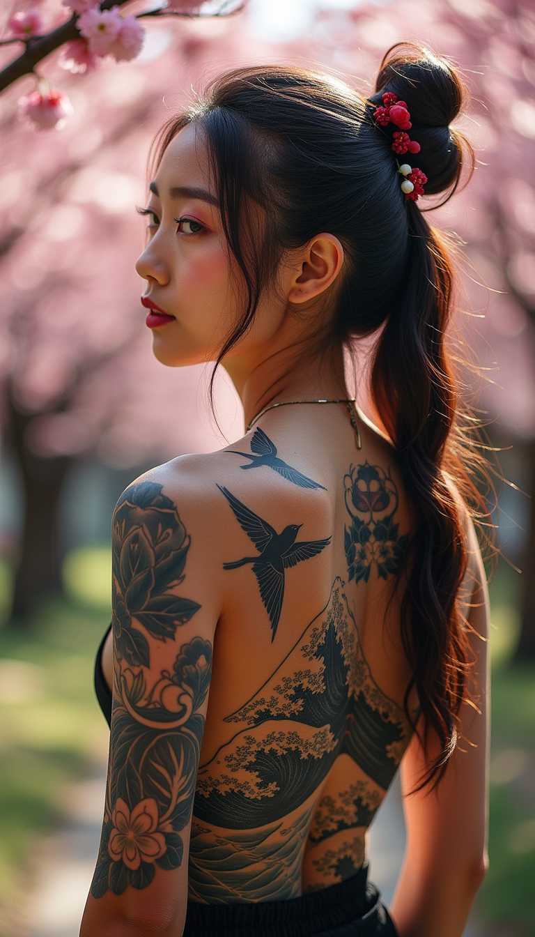 A striking young woman with a full traditional Japanese back tattoo featuring waves and cranes, posed side-on in a medium shot. The detailed artistry of the tattoo is emphasized by the shadows that dance across her back. Soft ambient light highlights the vivid colors and intricate designs surrounded by blossoming sakura trees