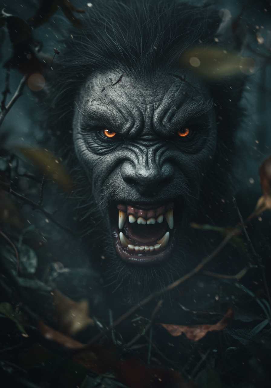 a dramatic, high-contrast cinematic close-up photo of a snarling werewolf's face, illuminated solely by the soft, ethereal glow of the full moon, amidst the dark, misty atmosphere of a foreboding forest, with shallow depth of field and creamy bokeh surrounding the subject, as if captured by a high-end camera lens, with an abundance of leaves, twigs, and other foliage blurring into the background, the werewolf's skin a mottled mix of gray and brown, its eyes glowing with an otherworldly intensity, furrowed brow, and razor-sharp teeth bared in a menacing growl.