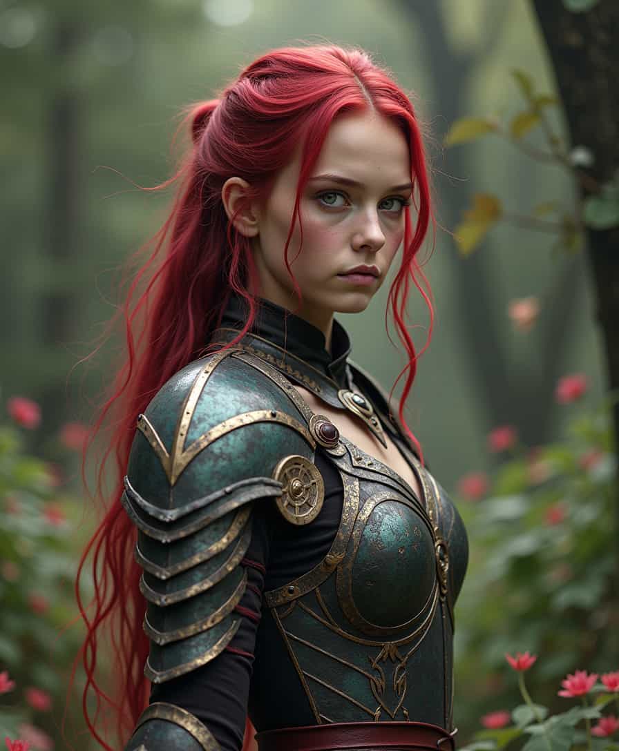 Epic photo of an young female blood mage wearing Armor forged from the scales of a thunder lizard, crackling with contained electrical energy in an Secret Garden (post apocalypse), (ominous intricate detail:1), detailed face, made of ral-frctlgmtry