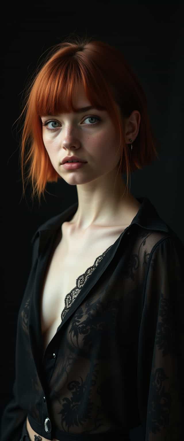 (dark mood Soft Lighting Photography by Alessio Albi and Mario Giacomelli:1.2), TWbabeXL01 beautiful female, side soft light, Dark environment, black over black, highly detailed,  auburn hair, detailed realistic photography, Stunning full body photo, Blunt Cut Haircut, grey piercing eyes,  eye-catchlighs, sad expression, finely detailed skin, (lightest freckles:0.9), little_belly, standing in a casual pose, braless, wearing (wide-open:1.3) black sheer shirt, unbuttoned shirt, perfect areola, open shirt, visible round small tits, perfect small breasts, black high couture floral fabric unbuttoned  shirt, professional color grading, epiCPhoto,   