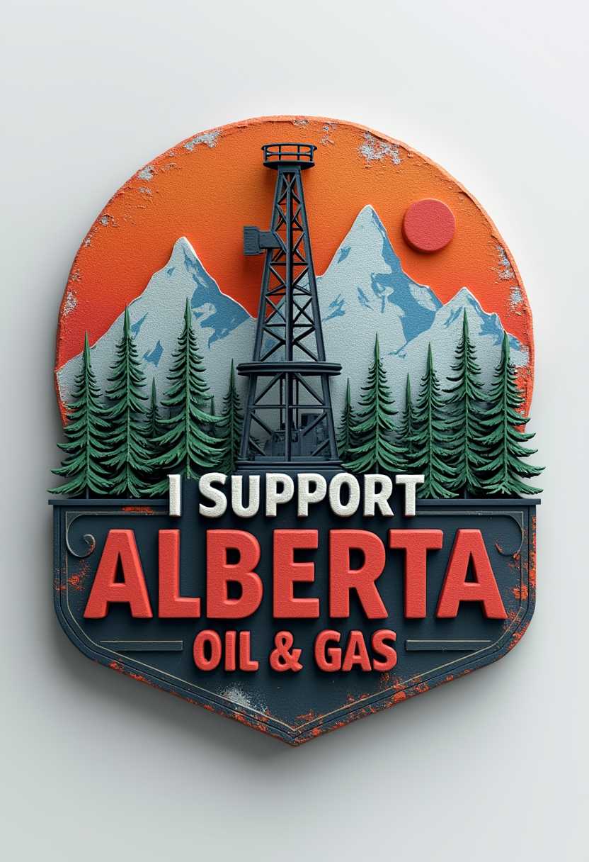 Create a logo with the words "I SUPPORT ALBERTA OIL AND GAS" with a gas rig and Alberta Rockies in the background 3d raised