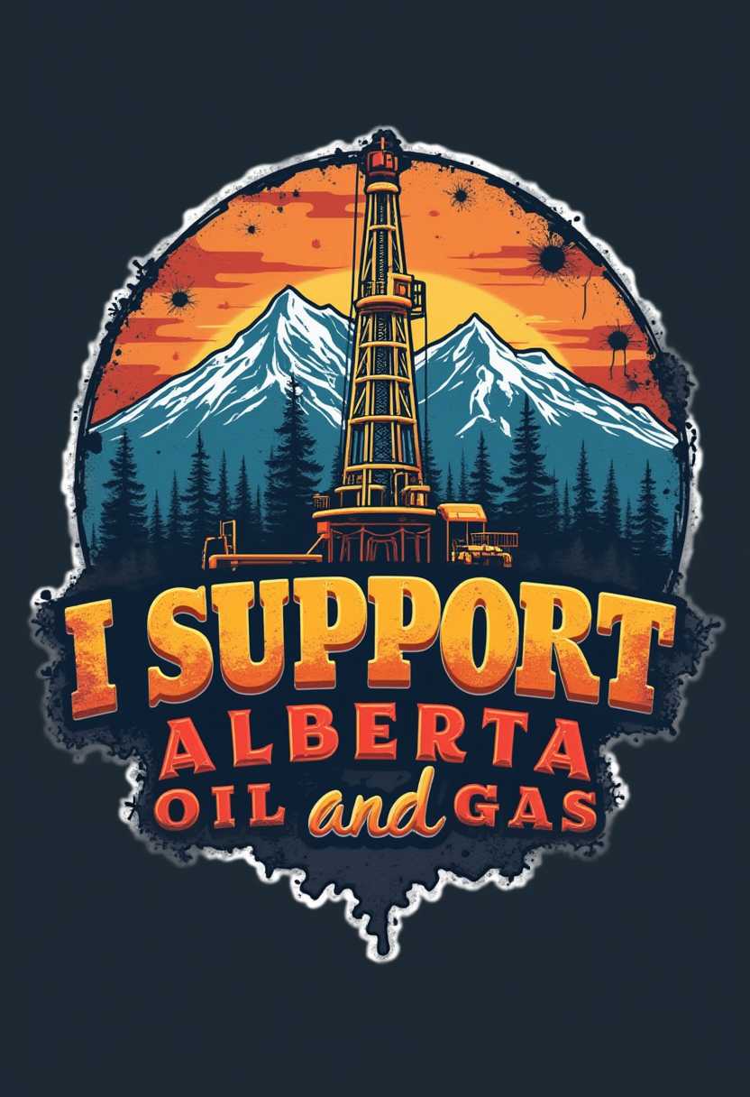 Create a logo with the words "I SUPPORT ALBERTA OIL AND GAS" with a gas rig and Alberta Rockies in the background 3d raised