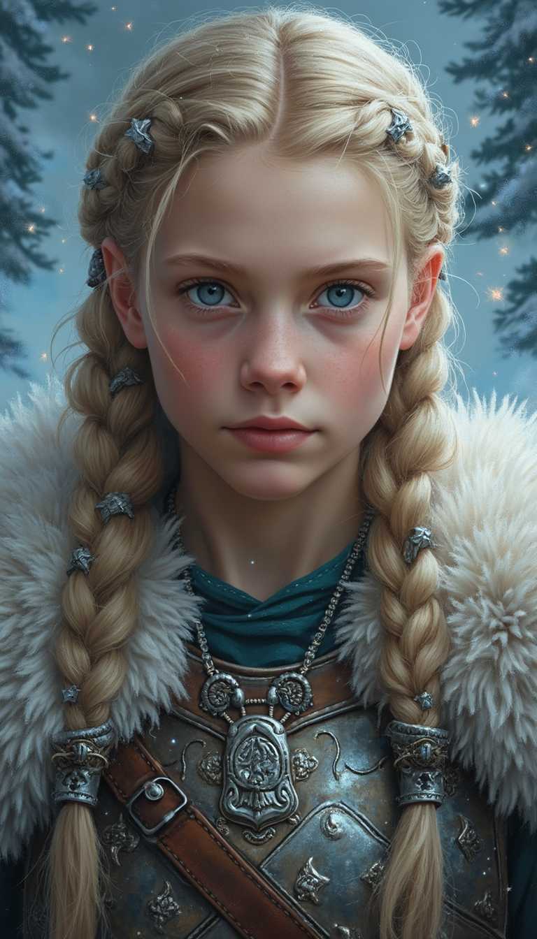 A fiercely proud Nordic girl stands, her presence exuding unwavering strength. Her blonde braids cascade down her back, framing a face marked by determination and resilience. This stunning portrait captures her piercing blue eyes, reflecting the icy landscapes of her homeland. The intricate details of her embroidered Viking armor and fur-lined cloak speak of her warrior spirit. This high-quality painting seamlessly combines power and grace, drawing the viewer into the captivating story of a fierce Nordic warrior princess. playful body manipulations, divine proportion, non-douche smile, gaze into the camera, holographic shimmer, whimsical lighting, enchanted ambiance, soft textures, imaginative artwork, ethereal glow, silent Luminescence, whispering Silent, iridescent Encounter, vibrant background, by Skyrn99, full body, (((rule of thirds))), high quality, high detail, high resolution, (bokeh:2), backlight, long exposure:2