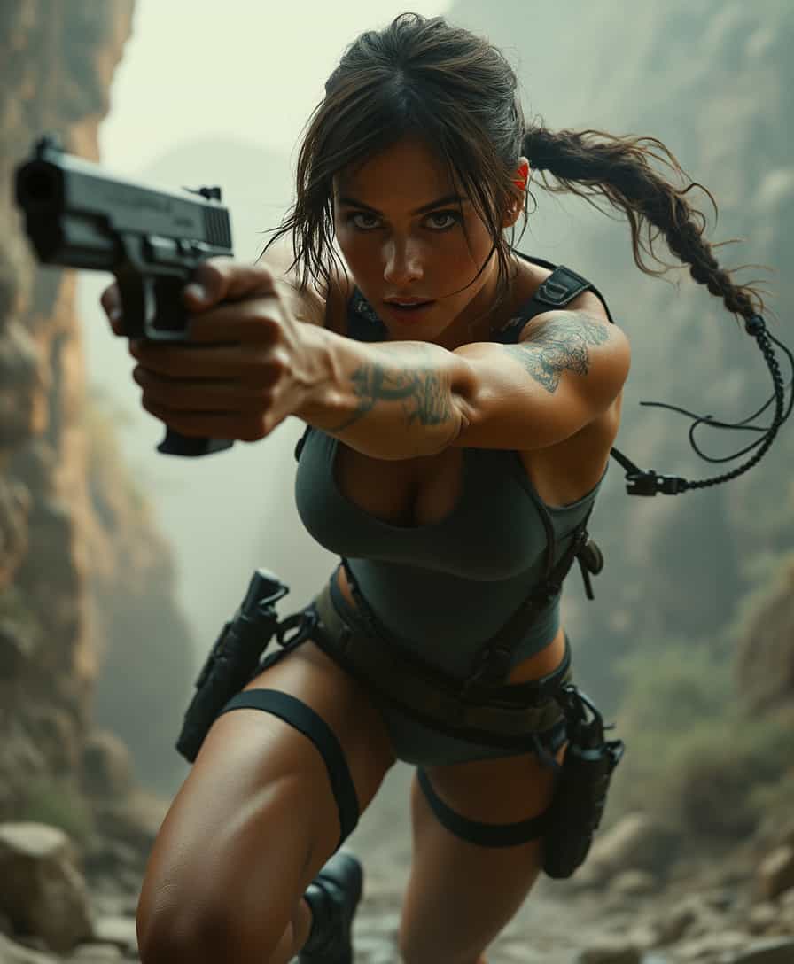 The image 4k  presents a striking portrait of a modern soldier large (lara croft) , tomb raider,She is mid-leap dynamically, wielding TWO GUNS pointing forward at her target .( lycra shorts), bare thighs