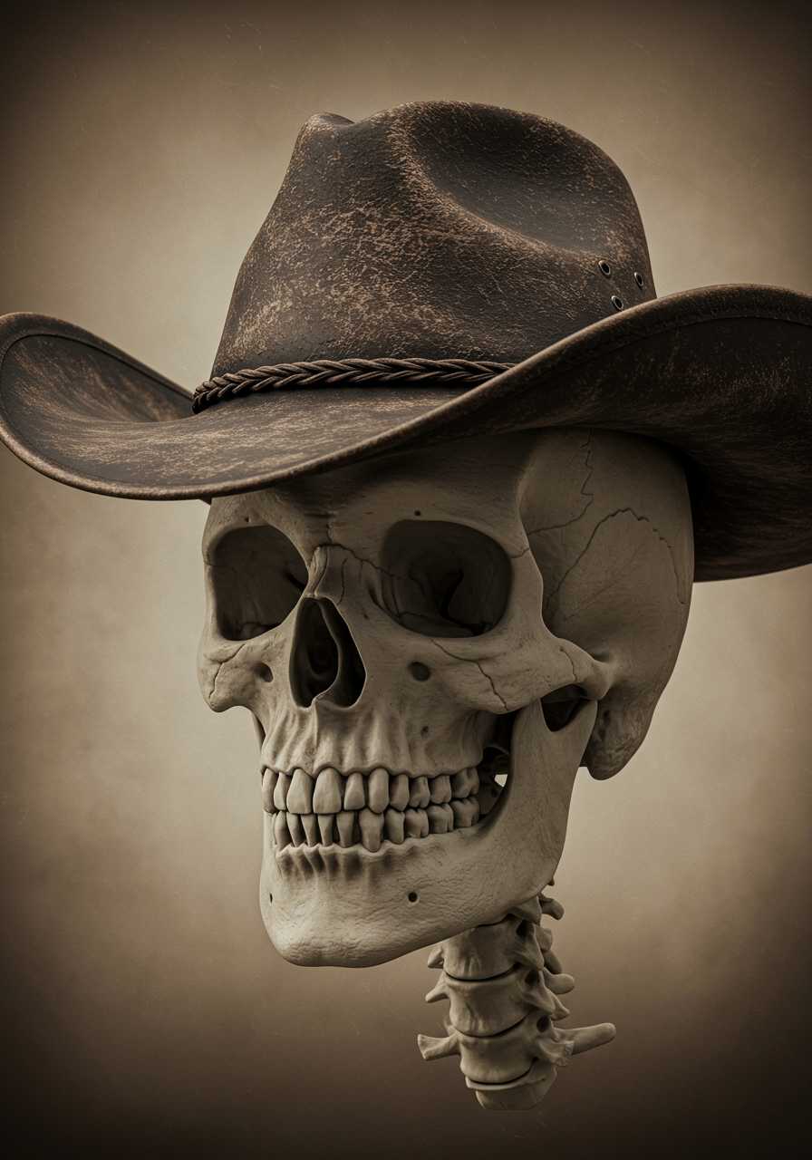 A female human  skull, wearing a Cowboy Head ,  