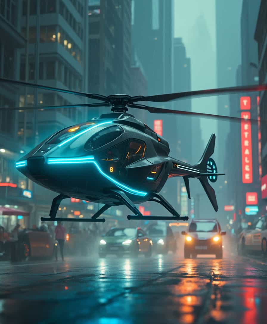 Futuristic helicopter flys effortlessly through a bustling sci-fi environment. Its sleek design features sharp angles and glowing accents that illuminate the street, reflecting the vibrant neon lights of the rainy city. The helicopters's advanced technology is evident in its aerodynamic shape and integrated AI systems, promising both speed and agility. As it navigates through towering skyscrapers and hovering vehicles, the atmosphere buzzes with the energy of a future where innovation meets style, capturing the essence of a sci-fi and futuristic world.