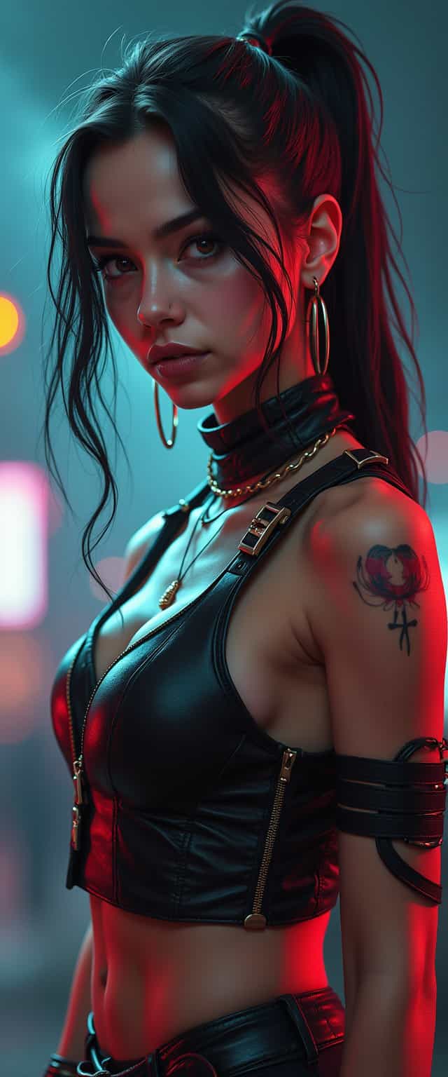 Judy cyberpunk 2077 , full body portrait ,- a stunning young girl android rebel femme fatale pirate, prodigy  arogance, dominant energy,, baring their fangs, energetic, charismatic, inteligent rebel, resistance movement .  , vest , poster t, , 32k UHD high resolution, highres, professional photography, intricate details, masterpiece, perfect anatomy, cinematic angle , cinematic lighting,  , UHD Official work