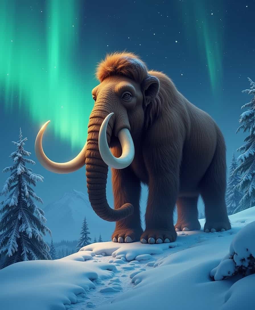 photo realistic, big brown woolly mammoth on snowy northern steps, northern lights in the background, night