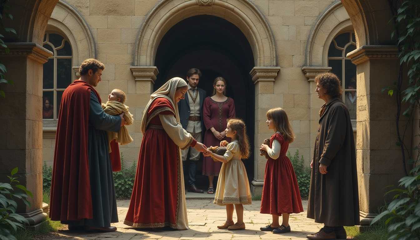  Same kid like in the image reference : A sorrowful family stands at the gates of a nobleman’s manor. A teenage girl, clutching a small bundle of belongings, is being handed over to the steward. The noble family looks on from the window above, framed by decorative stone arches. The contrast between the richly dressed nobles and the ragged family emphasizes the class divide.
