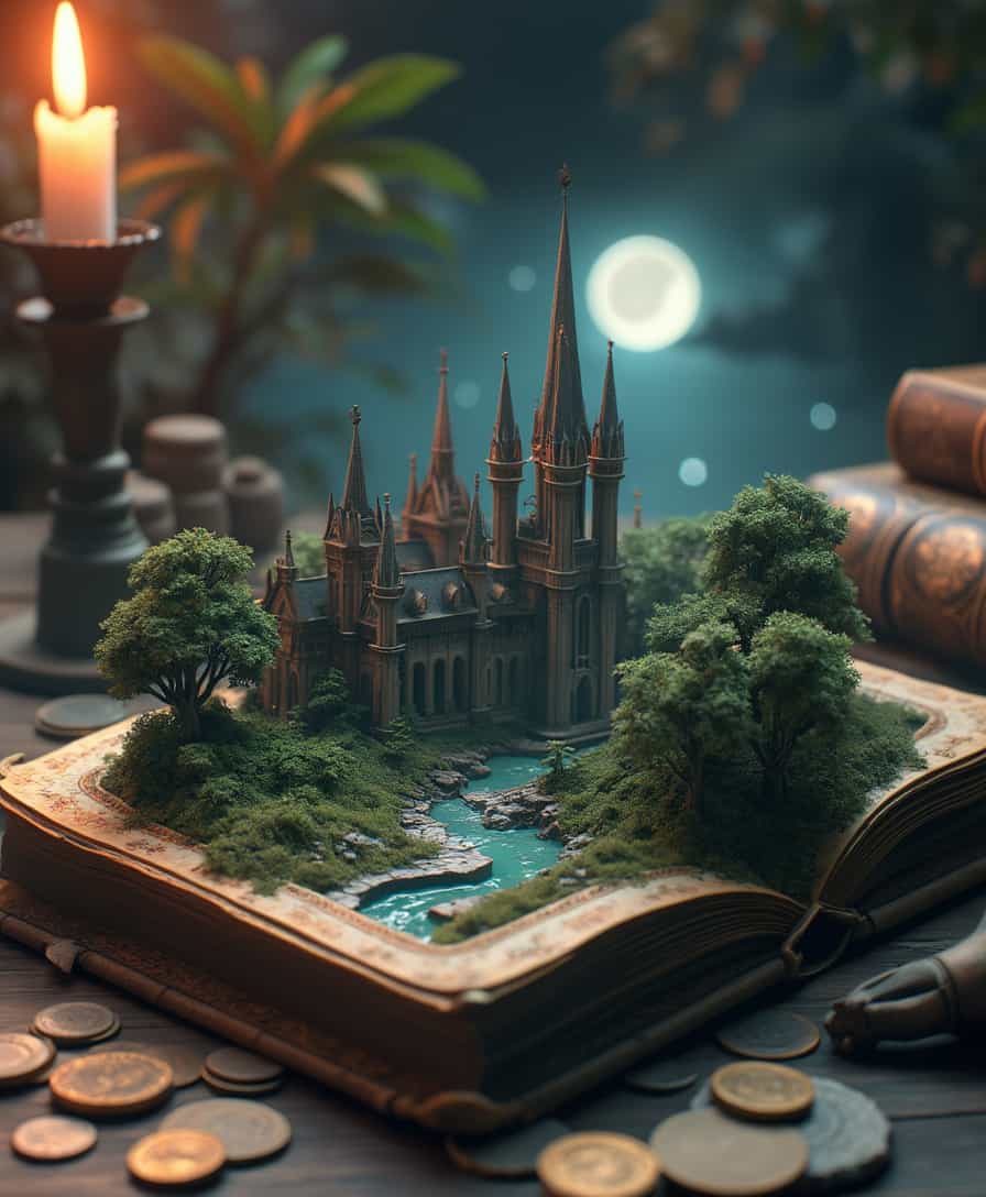 A cinematic 3D render of a scene where an old, ornate book is open to reveal a miniature, fantastical landscape. This landscape features a majestic castle with pointed spires, surrounded by lush greenery and a serene moonlit night sky. The book is placed on a wooden surface, surrounded by other old books, vintage coins, and a lit candle. The entire setting exudes a sense of magic, mystery, and timelessness.