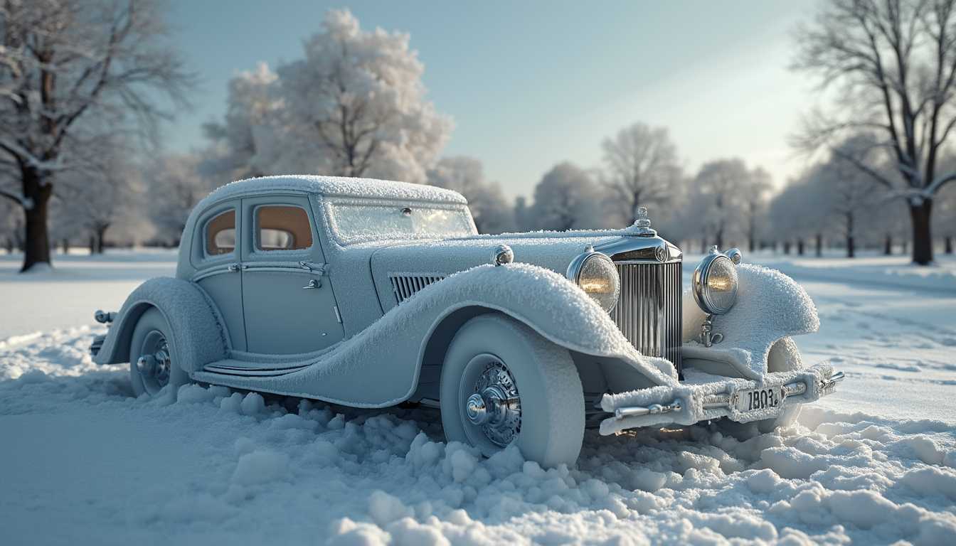 The image features an exquisite antique car, meticulously sculpted from glistening snow, embodying a retro aesthetic that evokes nostalgia. The car's classic lines and intricate details are highlighted by the soft, diffused light of a winter afternoon, casting gentle shadows that enhance its three-dimensional form. Framed against a serene snowy landscape, the composition balances the car's elegant curves with the surrounding white expanse, creating a harmonious visual contrast. The cold, crisp air is almost palpable, and the scene exudes a sense of tranquility, inviting viewers to reminisce about a bygone era. The overall genre leans towards winter-themed art, combining elements of realism with a whimsical touch, as if the car has been enchanted by the season itself.