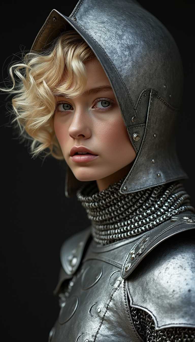 fashion photo of curly blonde with short hair in iron hood, in silver metallic outfit, in chain mail and armor, girl stands on black background, photo in Steven Meisel style, high resolution photo, hyperrealistic, detailed, 25 mm.


