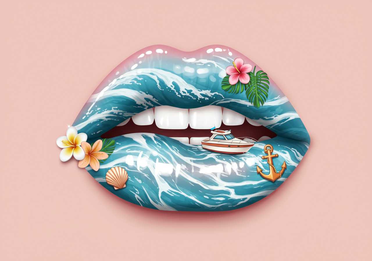 Original and creative lips design, directly facing forward, with a glossy pastel texture and an effect of moving waves integrated into the lips, as if the sea itself is flowing within them. The lips feature realistic wave patterns and reflections, giving the impression of water in motion. Additional summery and nautical elements, such as small anchors, ropes, shells, or tropical flowers, are subtly incorporated into the design to evoke a vibrant and luxurious boat party vibe. The overall aesthetic is fresh, playful, and feminine, perfectly capturing the essence of an elegant and lively summer event. The style is artistic, vibrant, and ideal for a boat party logo. No background (transparent or cut-out style), focusing entirely on the lips with their wave-like, sea-inspired effect and summery accents. High detail, realistic texture, clean edges, and vivid pastel colors.