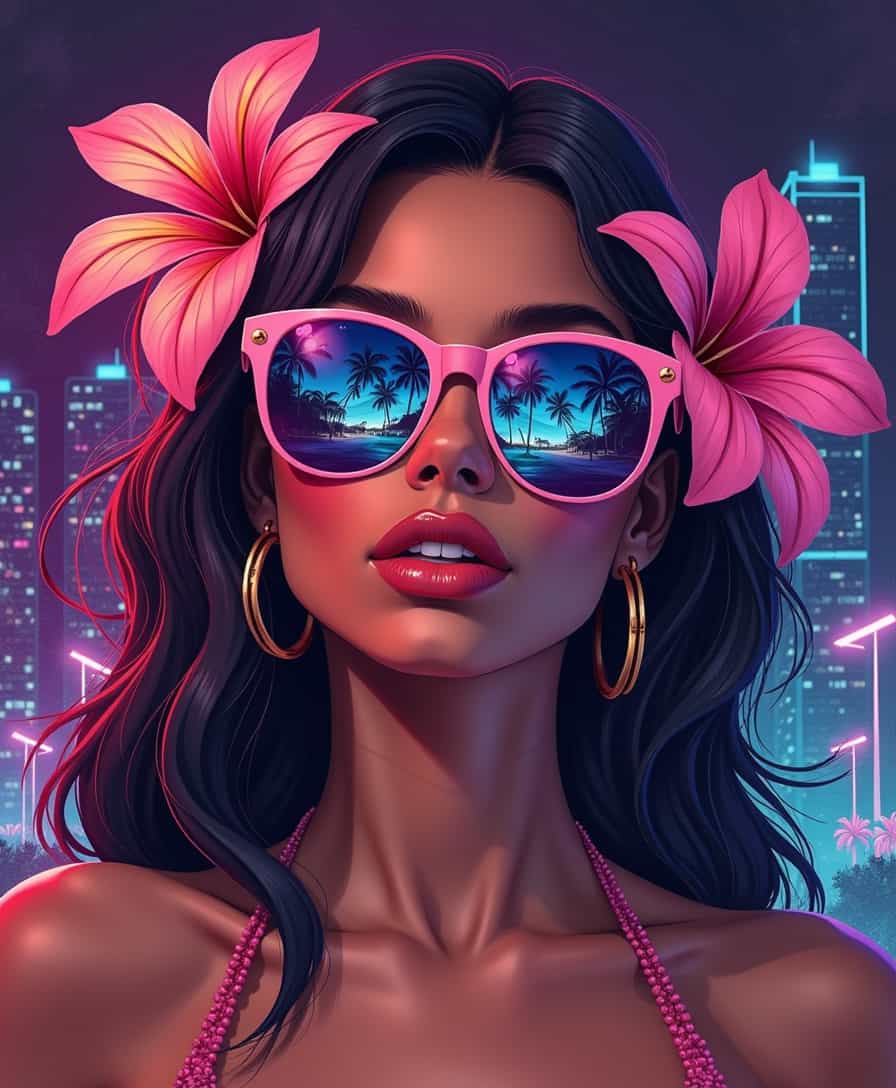 A stylized digital illustration of a fashionable woman with large sunglasses reflecting a tropical beach scene. She has full lips, smooth tan skin, and wears large exotic flowers in her hair. The background is a dark purple neon-lit cityscape with grunge textures. The style is a mix of cyberpunk and tropical aesthetic, ultra-detailed, highly artistic, digital painting, 4K resolution.



