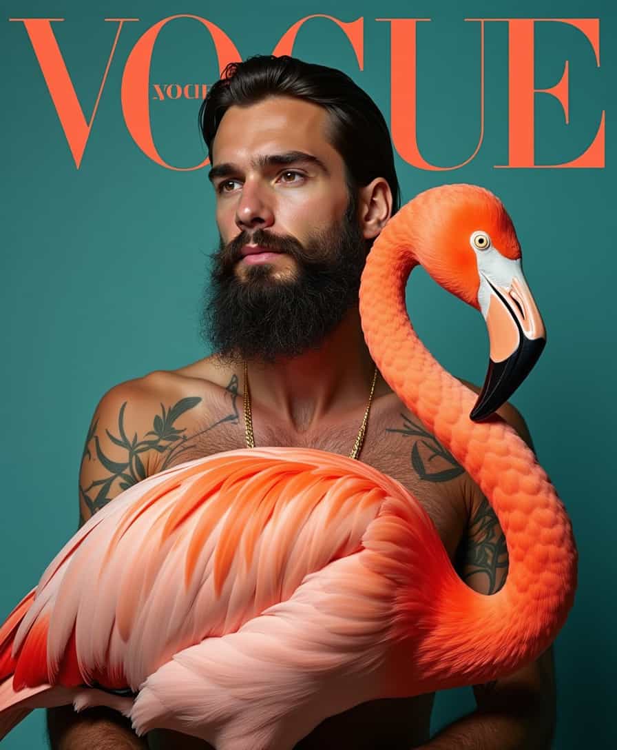 a man with shoulder legth brown hair and a black beard holding a flamingo in a vogue photoshoot in a studio shot on 35mm film for a vogue cover


