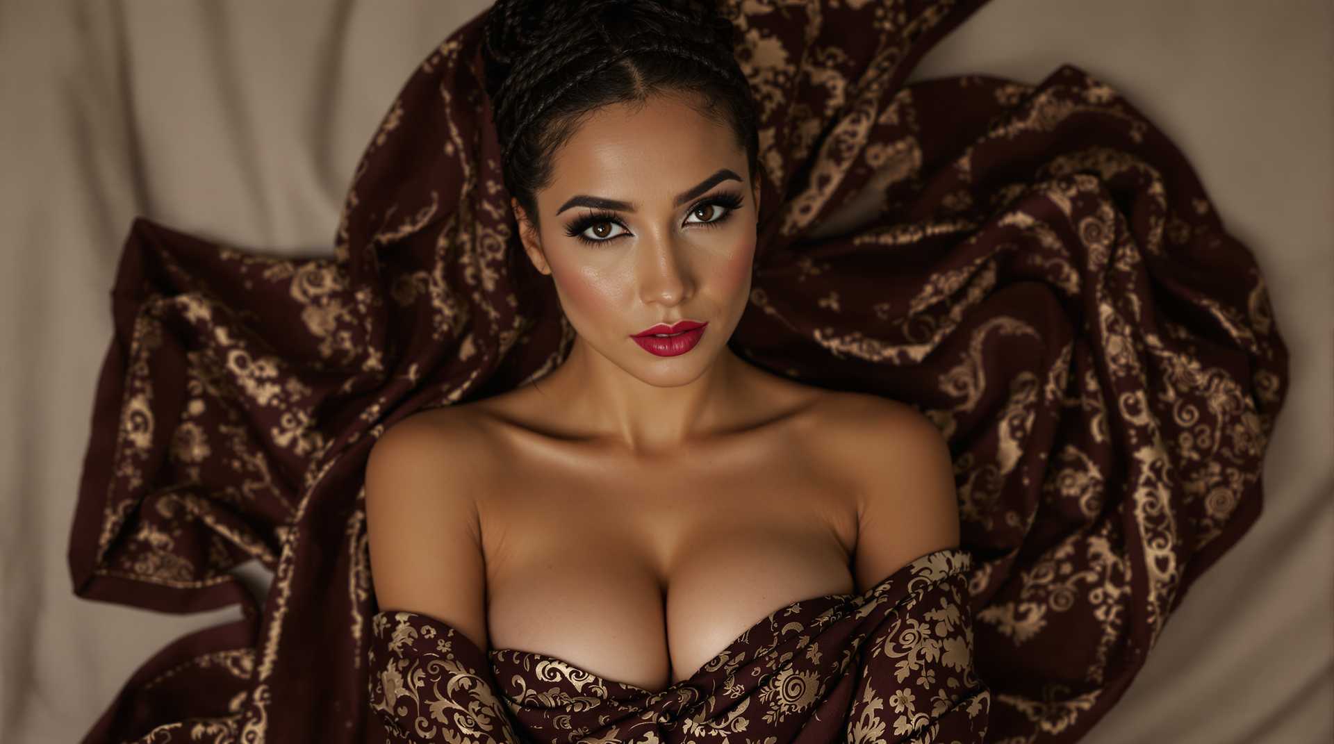 **High-Resolution Boudoir Photography** featuring a **sexy, exotic woman** with **dark hair intricately tied up**, her expression one of **seductive allure**. She is **wrapped in a strapless fabric** adorned with a **rich, intricate pattern** that highlights her curves. The **lighting is soft and diffused**, creating **moody shadows** that accentuate the texture of the fabric and the smoothness of her skin. The **camera angle captures her from a slightly low perspective**, giving her a **commanding presence**. The **composition** centers her against a **neutral, elegant backdrop**, with the fabric cascading around her in **sinuous folds**. The **atmosphere** is **intimate and luxurious**, reminiscent of **classic boudoir photography** with a **modern, sensual twist**.
