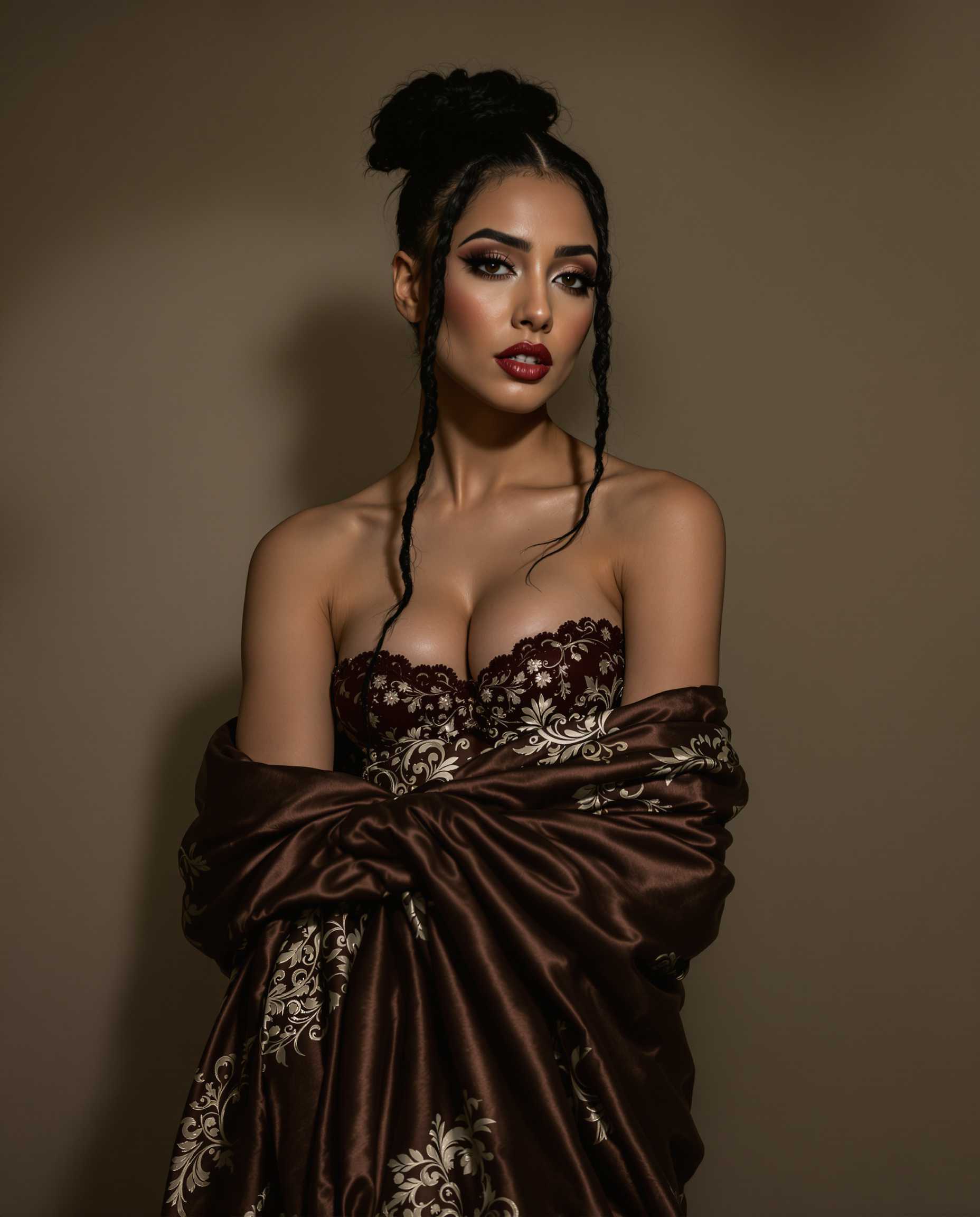 **High-Resolution Boudoir Photography** featuring a **sexy, exotic woman** with **dark hair intricately tied up**, her expression one of **seductive allure**. She is **wrapped in a strapless fabric** adorned with a **rich, intricate pattern** that highlights her curves. The **lighting is soft and diffused**, creating **moody shadows** that accentuate the texture of the fabric and the smoothness of her skin. The **camera angle captures her from a slightly low perspective**, giving her a **commanding presence**. The **composition** centers her against a **neutral, elegant backdrop**, with the fabric cascading around her in **sinuous folds**. The **atmosphere** is **intimate and luxurious**, reminiscent of **classic boudoir photography** with a **modern, sensual twist**.