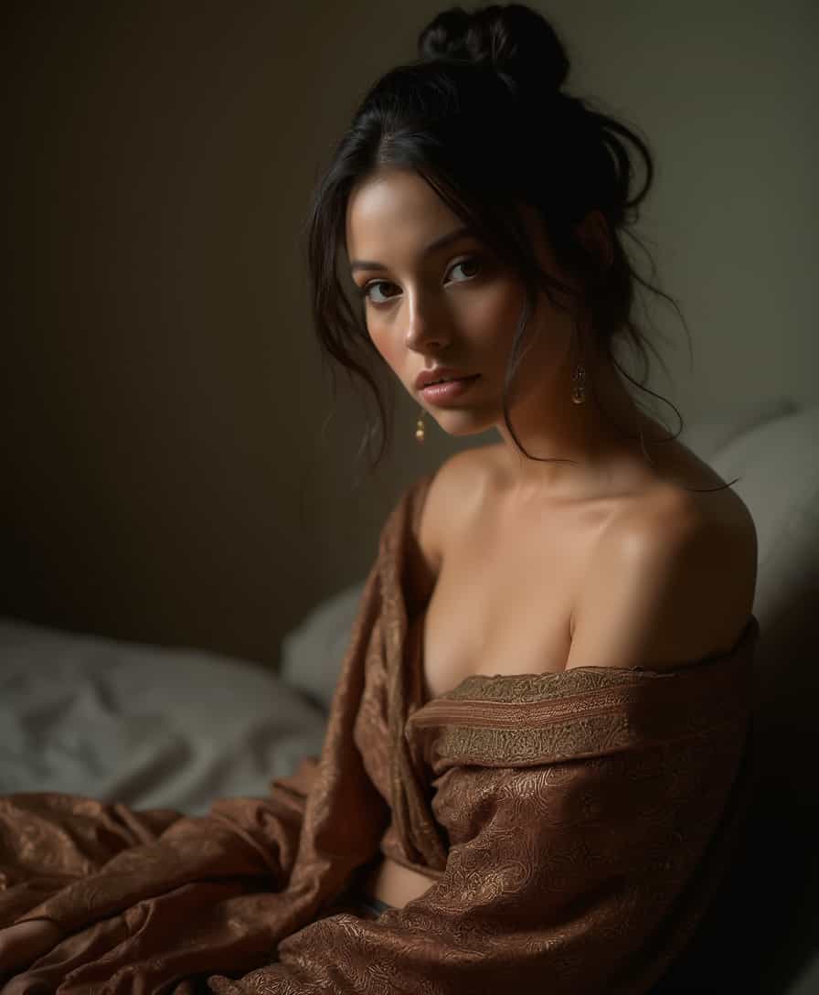 **High-Resolution Boudoir Photography** featuring a **sexy, exotic woman** with **dark hair intricately tied up**, her expression one of **seductive allure**. She is **wrapped in a strapless fabric** adorned with a **rich, intricate pattern** that highlights her curves. The **lighting is soft and diffused**, creating **moody shadows** that accentuate the texture of the fabric and the smoothness of her skin. The **camera angle captures her from a slightly low perspective**, giving her a **commanding presence**. The **composition** centers her against a **neutral, elegant backdrop**, with the fabric cascading around her in **sinuous folds**. The **atmosphere** is **intimate and luxurious**, reminiscent of **classic boudoir photography** with a **modern, sensual twist**.