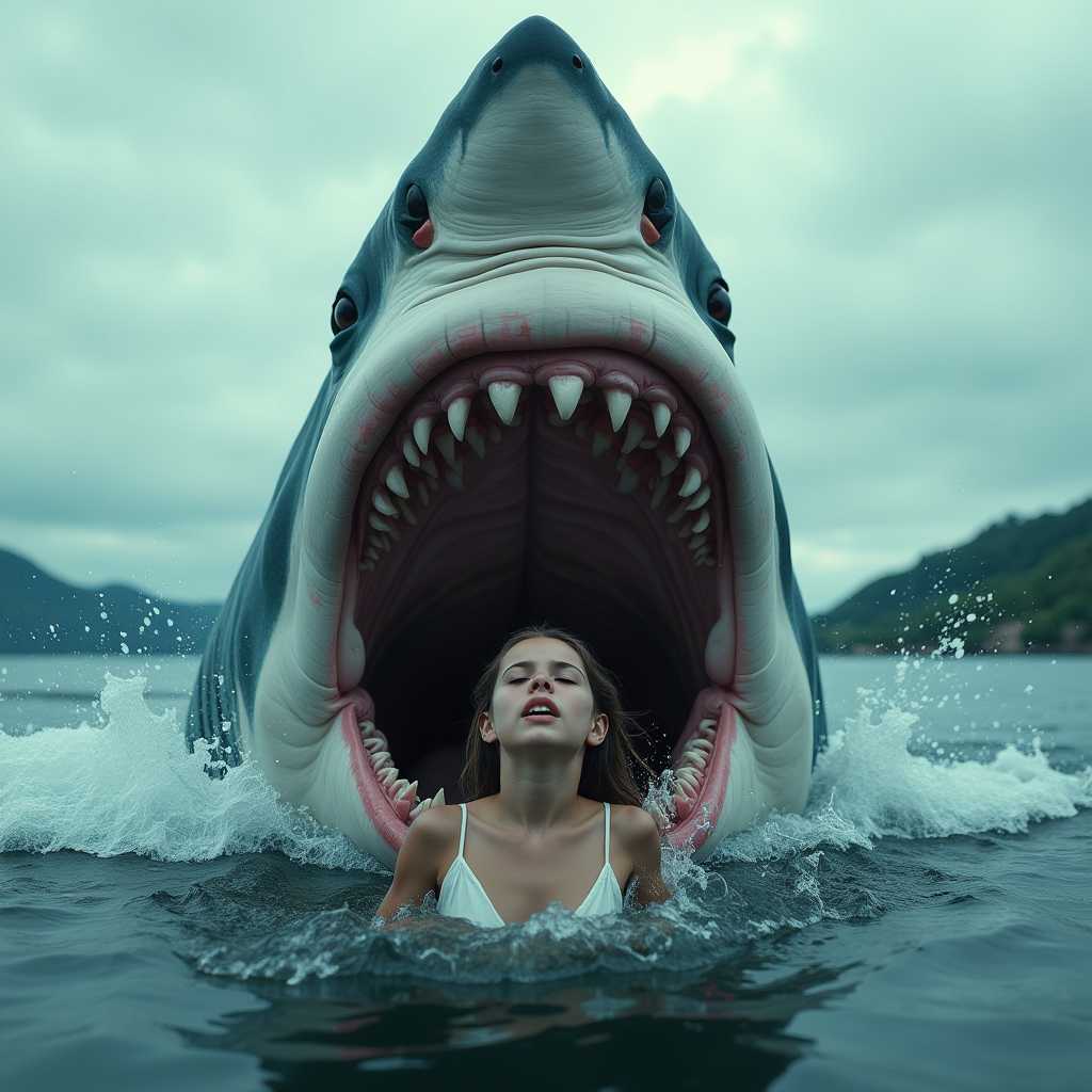 A huge great white shark with its mouth open is trying to eat a girl in the water. The scene is terrifying and realistic. It looks like an epic horror movie. In the style of David Fincher. Cinematic shot. Full-length portrait.