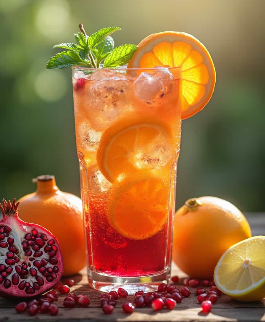 A highly realistic and detailed glass of fresh juice, filled with a vibrant mix of orange, pomegranate, and lemon flavors. The juice is served in a clear glass with condensation on the outside, sitting on a rustic wooden table. Fresh ice cubes float in the juice, adding a refreshing touch. Garnished with a slice of orange and a sprig of mint on the rim. Surrounding the glass are whole oranges, a halved pomegranate with seeds glistening, and a sliced lemon, all bathed in soft natural sunlight for a refreshing and inviting atmosphere quality
