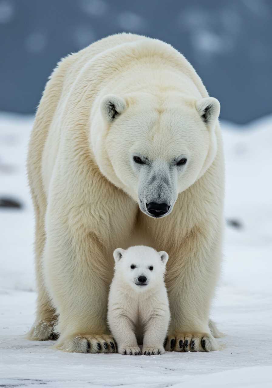 The polar bear mother stood with her head down and smiled as she looked at her baby,, nice happy face,Create a 2D ultra-cute, soft illustration of a full polar bear, with rounded, gentle features and a warm, friendly expression. The bear is fluffy white, with soft curves and smooth texture details on its fur, realistic photography style,snowy mountains, Arctic, polar bear features,high resolution