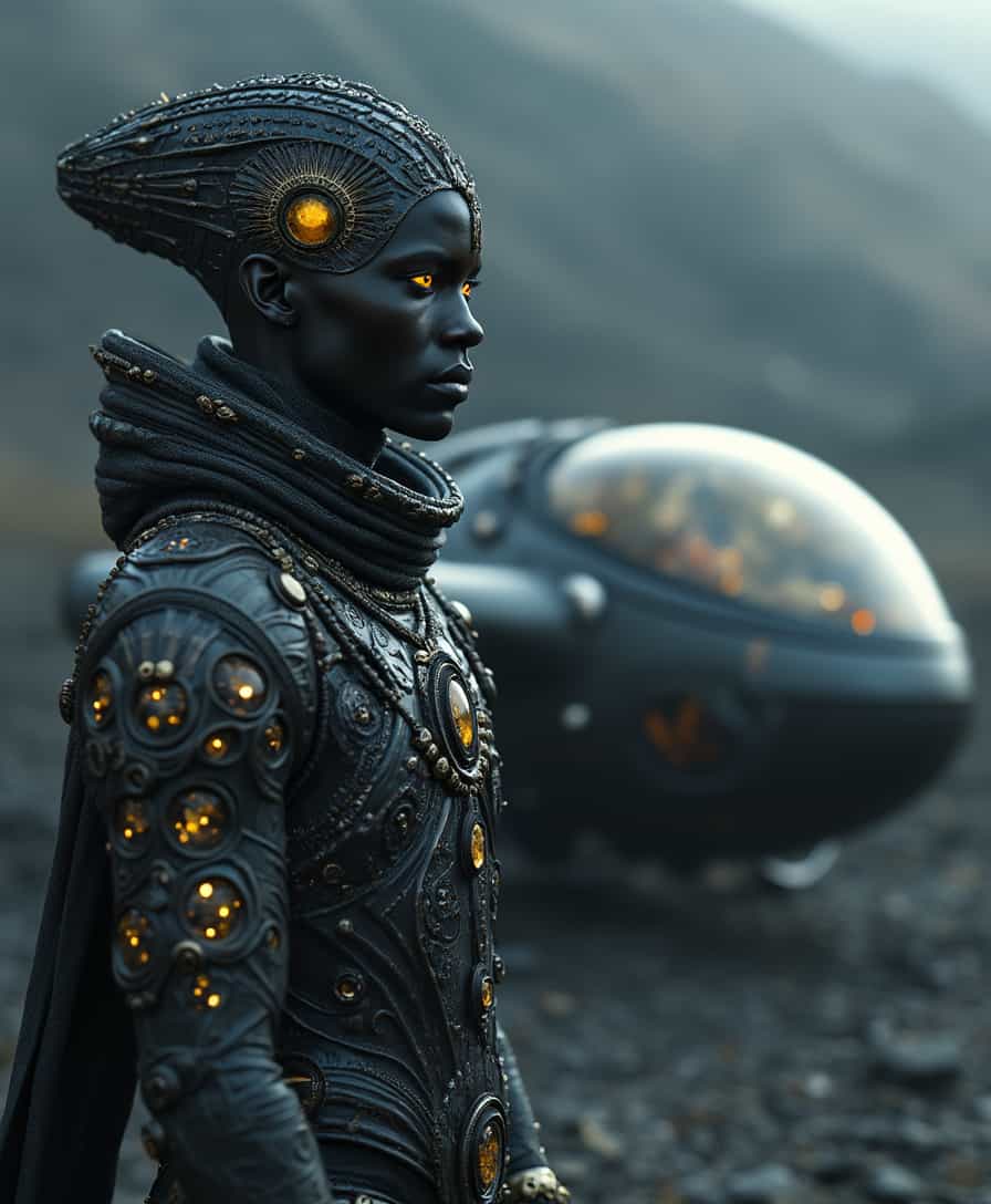 an intricately mysterious dark skinned humanoid with unparalleled exquisite attire, he stands at a short distance from a lightweight elaborate space craft built of a fantastic smooth obsidian metallic, his face is finely chiseled and strong, his eyes have great wisdom and dominance, the world is advanced and luscious with rich blu fauna and flora in black grasslands, utopian society, ancient wisdom, striking yellow eyes with an amber center, exotic beauty, otherworldly, perfect anatomy, perfect face