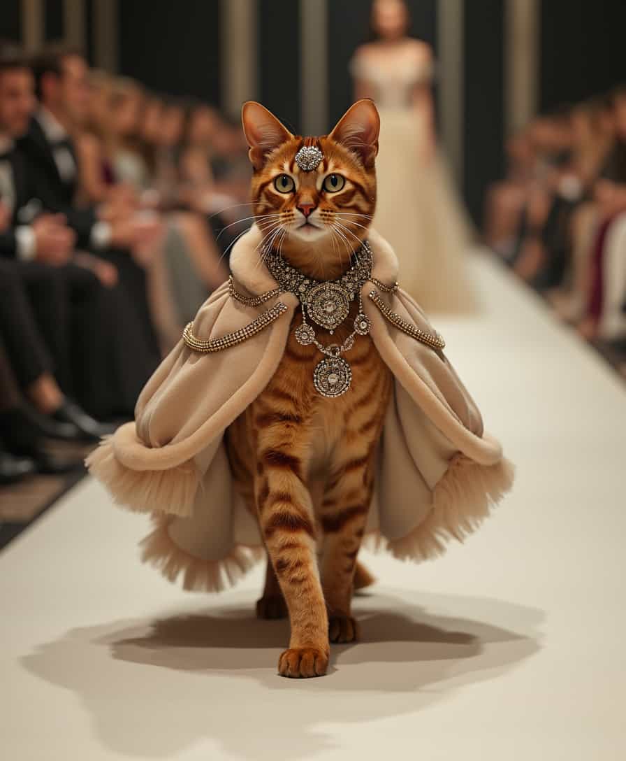On a high-end T-shaped runway, with the audience seated on both sides and a white floor beneath, a show-quality, purebred noble Abyssinian cat walks with a model-like stride, its fur glossy. The cat is dressed in a luxurious beige aristocratic vintage wedding gown cloak, adorned with a headpiece, necklace, and bracelet, moving gracefully on all fours. In the distance behind, a female model in an elegant gown stands. Captured in 4K ultra-high-definition with a realistic photographic style.