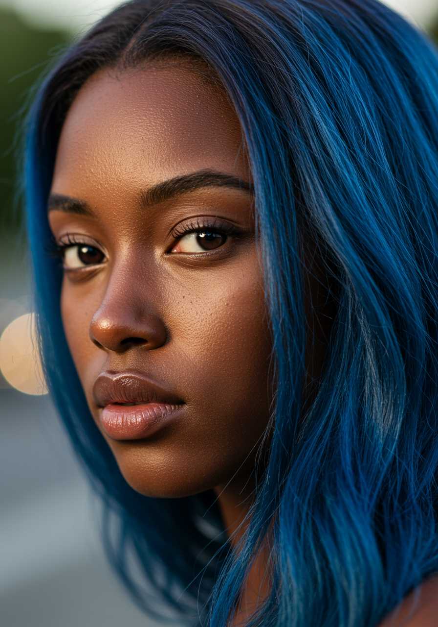 A stunning ultra-realistic portrait of a **young Black woman** with **vibrant blue hair** and **deep brown eyes**. Her **skin texture** is captured with meticulous detail, showcasing the natural glow and subtle imperfections that add to her **realism**. Her hair flows with a **soft, silky texture**, catching the light in a way that highlights its **blue hues**, creating a striking contrast with her **rich brown eyes**.

**Style:** The image is rendered in **hyperrealistic detail**, utilizing techniques like **fine art portraiture** with an emphasis on **photographic realism**. The **bokeh** effect is subtly employed in the background to focus attention on the subject, ensuring her features are the focal point.

**Composition:** She is framed in a **medium close-up**, with her face slightly turned to the side, allowing the viewer to appreciate the **delicate contours** of her face and the **luminous quality** of her eyes. The camera angle is at eye level, promoting an **intimate connection** with the viewer.

**Mood and Atmosphere:** The ambiance is serene and **intimate**, with **soft, natural lighting** that bathes her face in a warm, golden glow, suggesting early evening light. The background is a **blurred, neutral tone** to keep the focus entirely on her, conveying a sense of **quiet elegance** and **personal space**.

**Technical Aspects:** The image employs **depth of field** to create a **layered visual experience**, with the sharpness of focus on her face contrasting with the gentle blur of the background. **Color grading** enhances the blue of her hair and the warmth of her skin, ensuring a harmonious color palette that feels both natural and artistically deliberate.