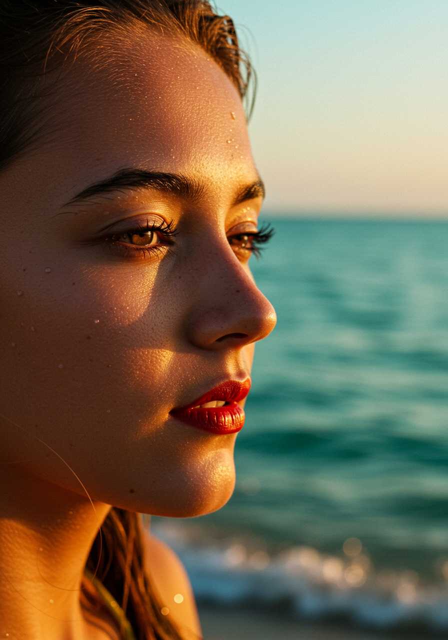 Cinematic close-up on the beach: a young woman with **glowing, fair skin and bright red lips** in profile. The sun's rays illuminate her face, casting **sparkling highlights** across her features and the **turquoise sea** behind her, creating **dynamic shadows** that dance with each gentle wave. She **turns her head slightly and blinks** in a moment of serene beauty, captured in a **slow, smooth camera movement** with an **85mm lens**. The composition features:

- **Shallow depth of field** to isolate the subject, with a **soft, creamy bokeh** in the background.
- **Impeccably calculated angles** for maximum visual impact, emphasizing the **intricate details** of her skin and lips.
- **Mood**: A serene, almost magical atmosphere, enhanced by the **golden hour lighting**.
- **Technical Aspects**: Shot in **RAW** for maximum detail, **color grading** to enhance the warm tones of the sunset, **HDR** to capture the full range of light from the sea to the sky.

This scene combines **realistic**, **highly detailed** elements with a **cinematic**, dream-like quality, ensuring a visually stunning and cohesive image.