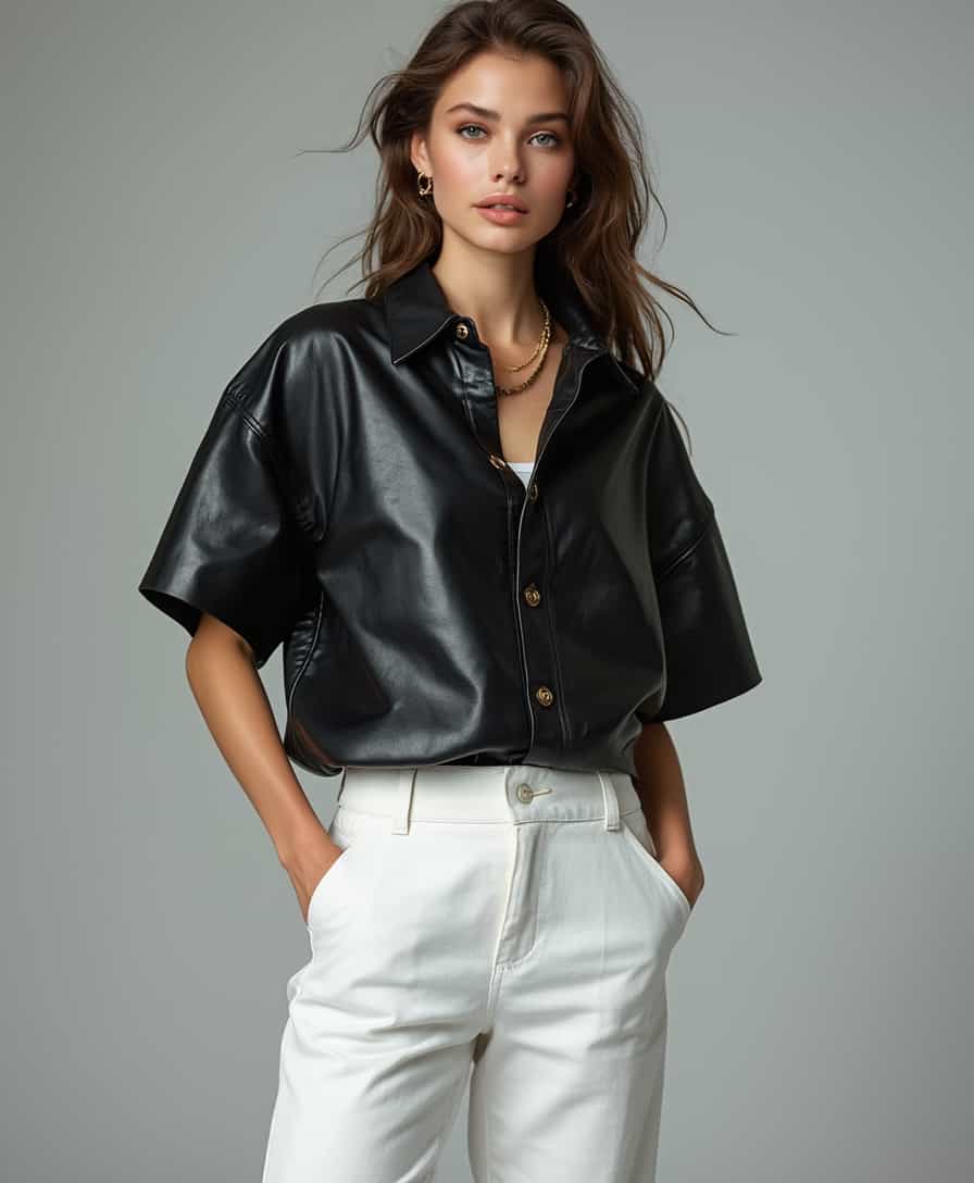 A **beautiful woman** of European and American descent, **well-proportioned**, dressed in an **oversized black leather half-button short-sleeved crew neck shirt** paired with **crisp white pants**. The scene is set against a **light gray background** in a **full-body studio shot**. 

- **Visual Details**: The leather shirt displays a **matte texture** with visible stitching and button details, contrasted by the **smooth, clean lines** of the white pants. The fabric details are **sharply focused**, highlighting the quality and texture of the materials. 
- **Lighting**: Illuminated by **soft studio lighting** that creates gentle shadows, enhancing the depth and volume of her form, with a **high key lighting setup** to keep the background uniform and the focus on her.
- **Composition**: She stands with **hands in pockets**, adopting a **relaxed yet confident pose**. The camera angle is **slightly above eye level** to emphasize her stature and the full length of her outfit. The frame is **tight around her**, capturing her from head to toe, ensuring no distractions from the background.
- **Mood and Atmosphere**: The mood is **modern, chic**, with a touch of **urban sophistication**. The lighting contributes to a **calm and professional ambiance**, suitable for a fashion or lifestyle magazine shoot.
- **Technical Aspects**: The image is **high resolution**, with **depth of field** set to keep the subject in sharp focus while subtly blurring the edges for a **vignette effect**. The **color balance** is slightly cool to complement the black leather and white pants, with **color correction** to ensure the whites are true and the blacks are rich without losing detail.
- **Style**: The photograph emulates **editorial fashion photography** with a **minimalist approach** to highlight the subject's attire and poise.
- **Jewelry**: She wears **subtle, high-end jewelry** that matches the outfit, like a **delicate gold necklace** and **simple, elegant earrings**, enhancing the overall look without overpowering it.

The entire composition creates a **cohesive, visually appealing image** that showcases the subject's style, the quality of the clothing, and the professionalism of the shoot.