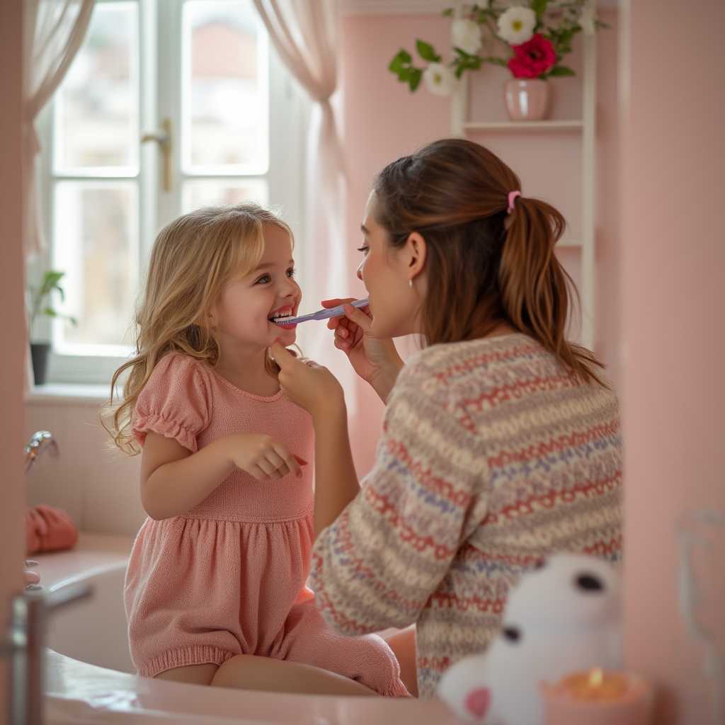 A candid moment of a mother and child brushing their teeth together in a cute, romantic-style bathroom. The scene is captured with a Nikon camera, showcasing soft pink and white tones. The mother lovingly helps her child, creating a warm, bonding moment. The bathroom is cozy and charming, filled with light and warmth. This endearing, everyday family moment highlights love, care, and oral hygiene in a heartwarming setting.