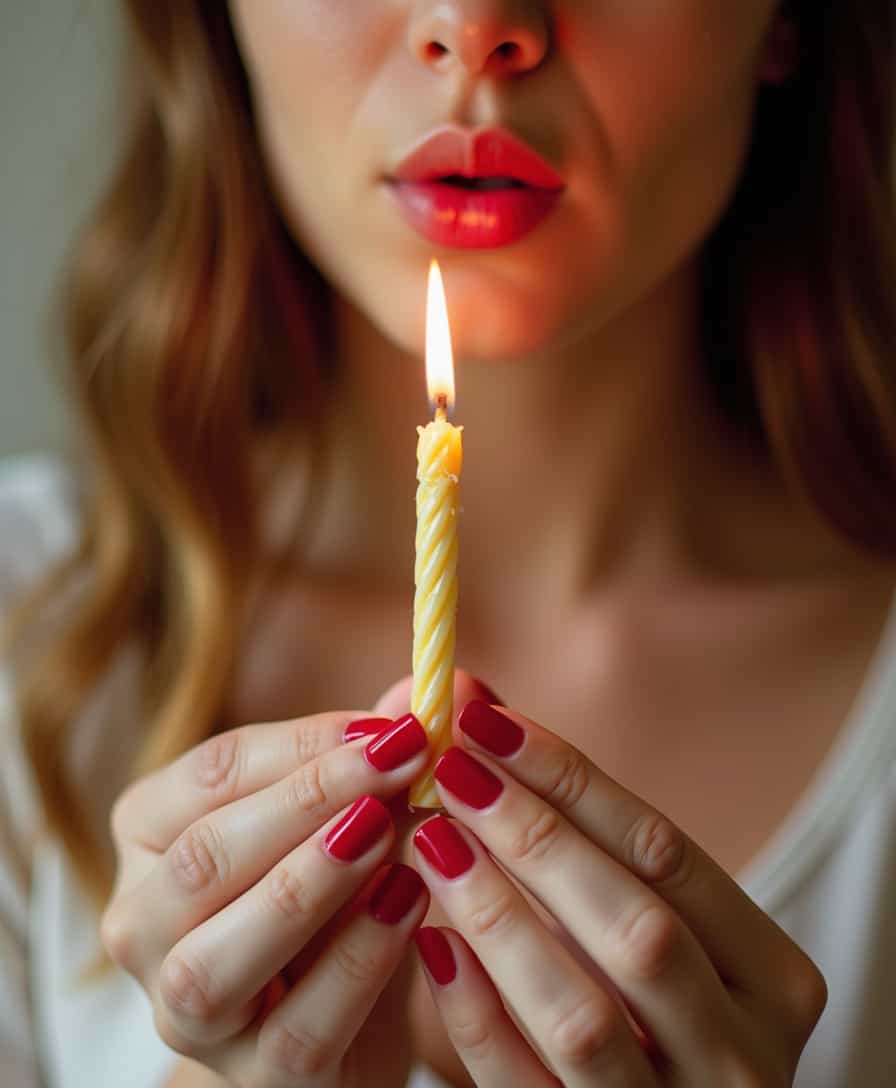 close up woman with red nails hold a Birthday Candles and try blow the candle