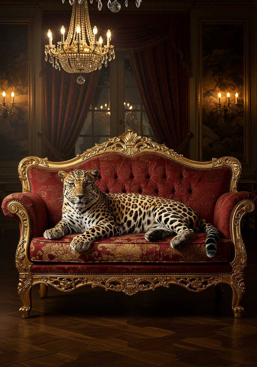 Leopard laying on historical sofa