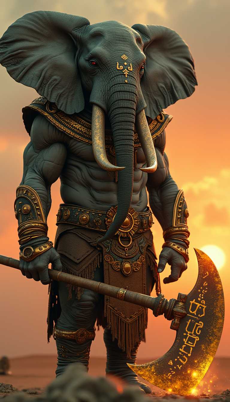 Rendered in 8K ultra-realistic, a muscular anthropomorphic elephant with textured gray skin and tusks covered in glowing runes. He wears golden ornamental armor with tribal details. In his hands, he holds a giant special axe with a carved handle and a blade reflecting golden light. He stands on arid terrain with a red-orange sunset in the background, creating an epic scene, Kodak Vision 200T 5274