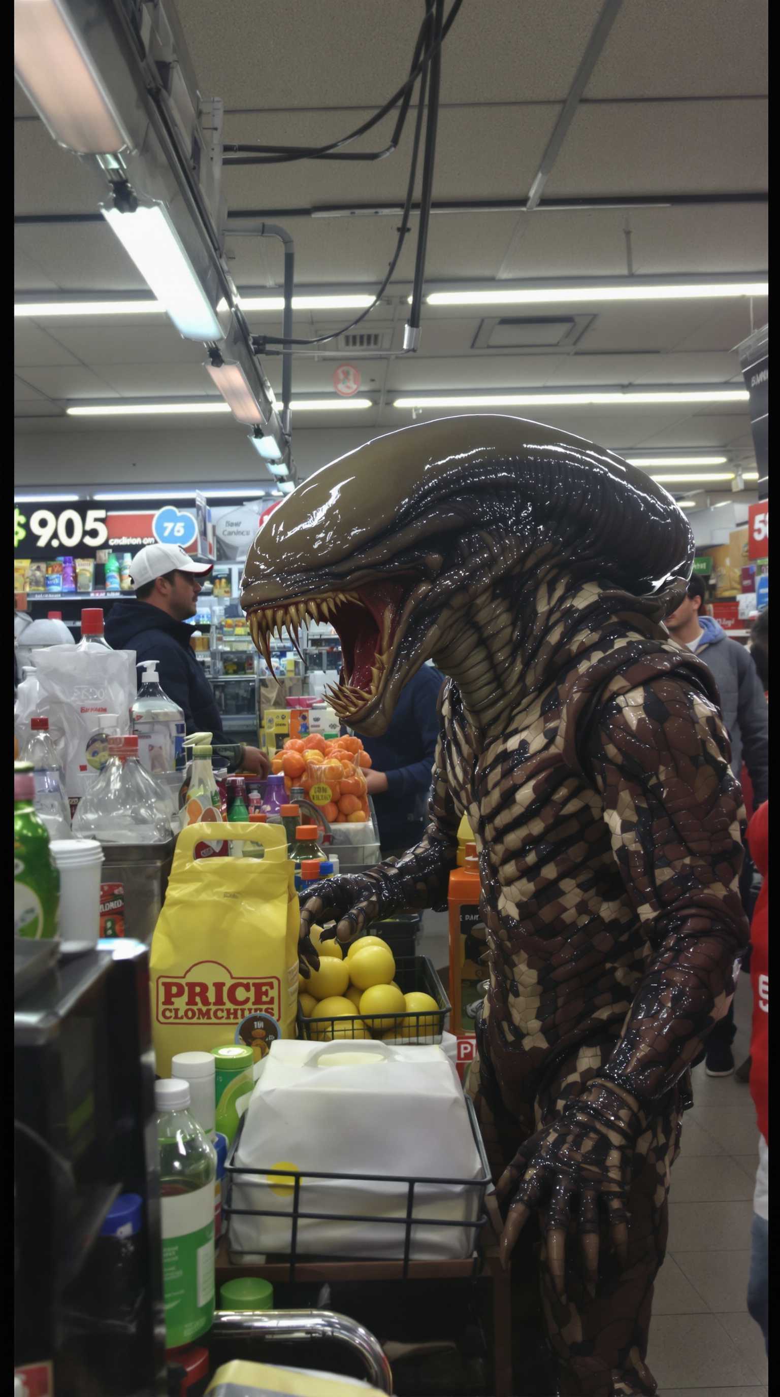 realistic, a depressed xenomorph yelling at customers in an urban convenience store
