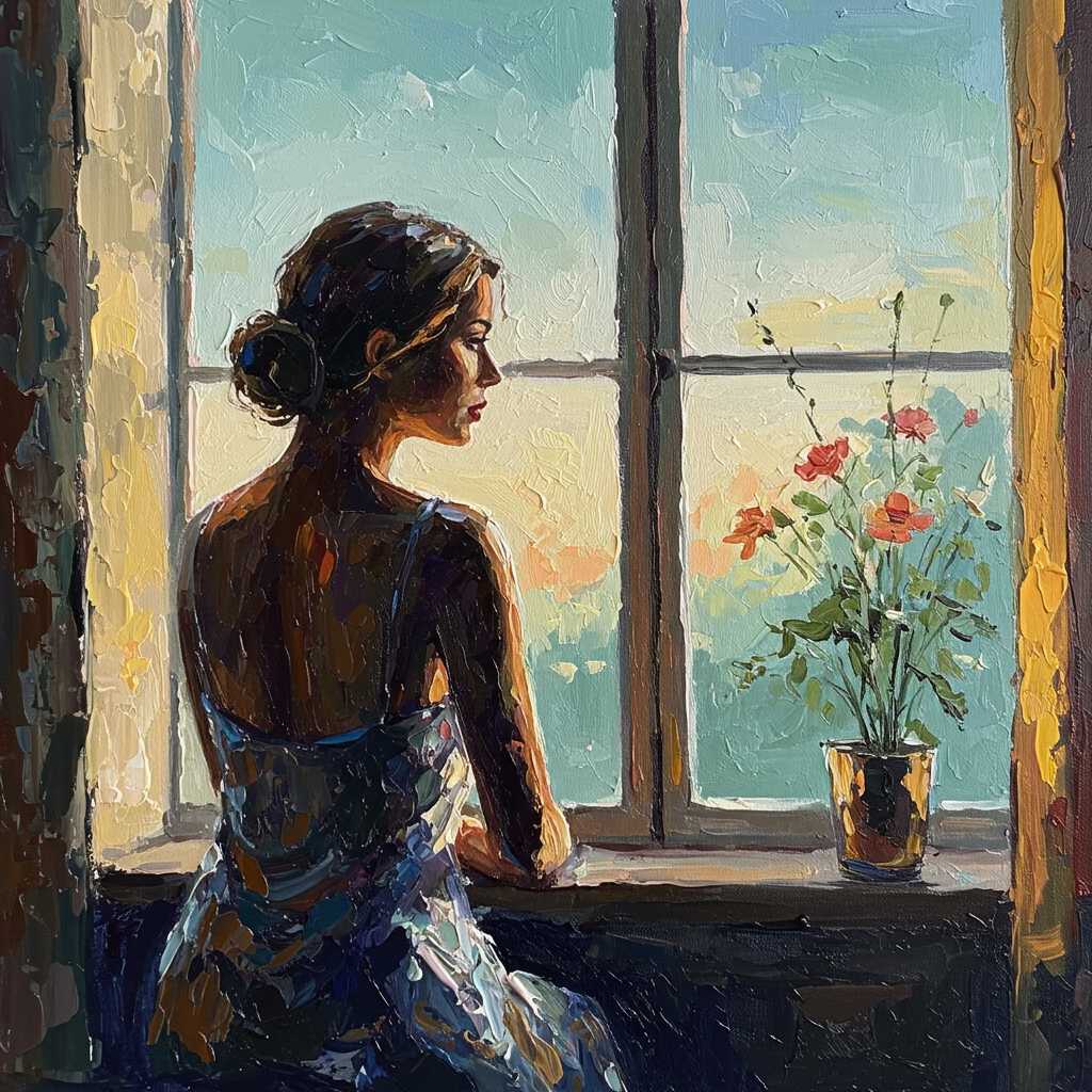 Create an abstract painting where hot wax is masterfully applied using a palette knife to depict a woman gazing out of a window. The scene should exude a sense of introspection and solitude:

- **Subject**: A woman, her form abstracted through layers of translucent and opaque wax, suggesting a dreamlike, ethereal quality. Her posture is contemplative, her gaze distant, hinting at a story untold.

- **Technique**: Employ the palette knife to create texture, with thick, impasto-like applications of wax for the woman's silhouette, contrasting with smoother, flowing wax for the window and background. 

- **Colors**: Use a palette of cool blues and greens for the outside view, suggesting early morning or late dusk, while the interior is bathed in warm, muted tones, possibly ochres and burnt sienna, creating a cozy, yet introspective atmosphere.

- **Lighting**: The light should come from the window, casting a gentle glow over the woman's face, highlighting her features in contrast with the darker, more shadowy interior.

- **Details**: Incorporate subtle details in the wax like the suggestion of a window frame or the reflection on the glass, adding depth and realism to the abstraction.

- **Style**: The painting should echo the expressive, emotive style of Abstract Expressionism, with its emphasis on spontaneous, automatic, or subconscious creation.

- **Mood and Atmosphere**: The overall mood should be one of quiet contemplation, with an atmosphere that's both serene and slightly melancholic, evoking the feeling of being lost in thought or watching the world from a safe distance.

- **Composition**: The woman should be positioned to the left or right side, looking out, with the window taking up a significant portion of the canvas, creating a sense of depth and perspective. 

- **Technical Aspects**: Utilize techniques like sgraffito to carve into the wax for added texture and detail, and blending to create soft transitions between the woman and the scene outside.