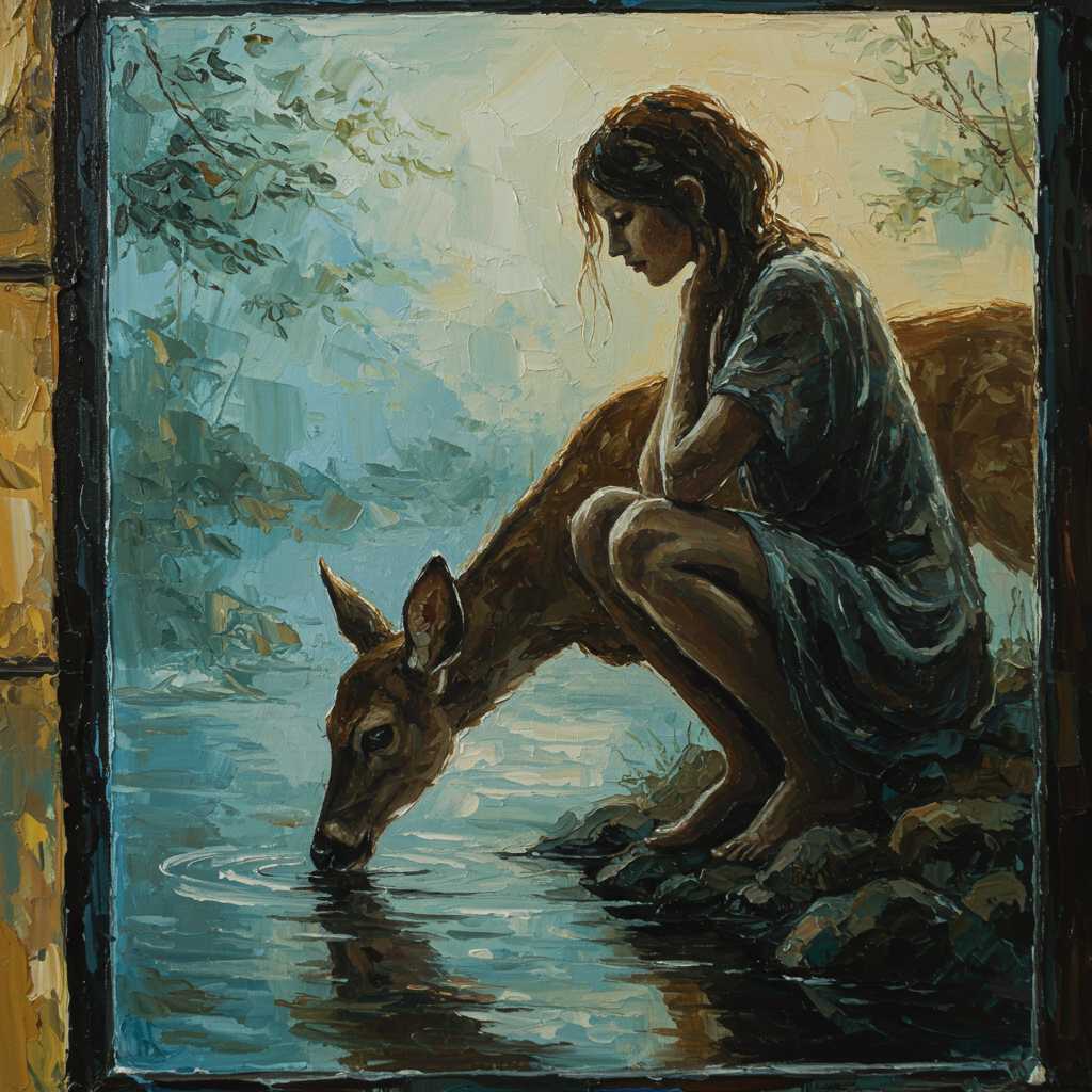 Create an abstract painting where hot wax is masterfully applied using a palette knife to depict a deer drinking out of a creek. The scene should exude a sense of solitude and beauty:

- **Subject**: A woman, her form abstracted through layers of translucent and opaque wax, suggesting a dreamlike, ethereal quality. Her posture is contemplative, her gaze distant, hinting at a story untold.

- **Technique**: Employ the palette knife to create texture, with thick, impasto-like applications of wax for the deer's silhouette, contrasting with smoother, flowing wax for the water and background. 

- **Colors**: Use a palette of cool blues and greens for the outside view, suggesting early morning or late dusk, while the interior is bathed in warm, muted tones, possibly ochres and burnt sienna, creating a cozy, yet introspective atmosphere.

- **Lighting**: The light should come from above, casting a gentle glow over the deer, highlighting deer's features in contrast with the surroundings.

- **Details**: Incorporate subtle details in the wax like the suggestion of a window frame or the reflection on the glass, adding depth and realism to the abstraction.

- **Style**: The painting should echo the expressive, emotive style of Abstract Expressionism, with its emphasis on spontaneous, automatic, or subconscious creation.

- **Mood and Atmosphere**: The overall mood should be one of quiet contemplation, with an atmosphere that's both serene and slightly melancholic, evoking the feeling of being lost in thought or watching the world from a safe distance.

- **Composition**: The deer should be positioned to the left or right side, looking down drinking from the stream cautiously, with the deer head and shoulder taking up a significant portion of the canvas, creating a sense of depth and perspective. 

- **Technical Aspects**: Utilize techniques like sgraffito to carve into the wax for added texture and detail, and blending to create soft transitions between the deer and the background scene.